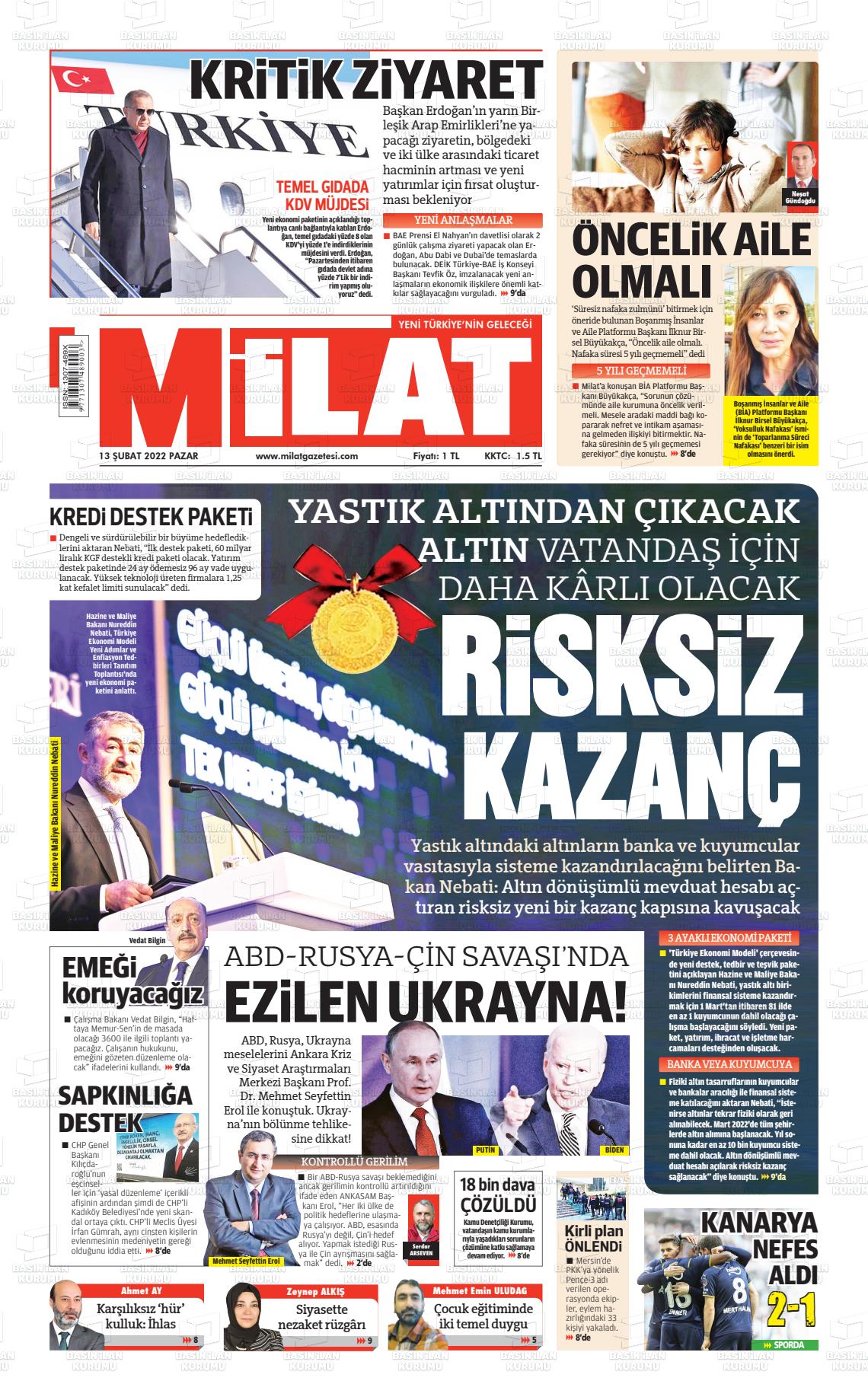 13 Şubat 2022 Milat Gazete Manşeti