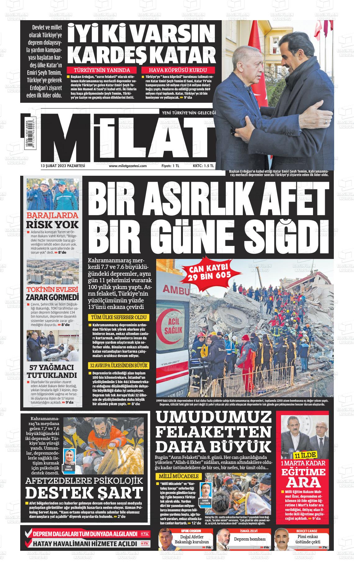 13 Şubat 2023 Milat Gazete Manşeti