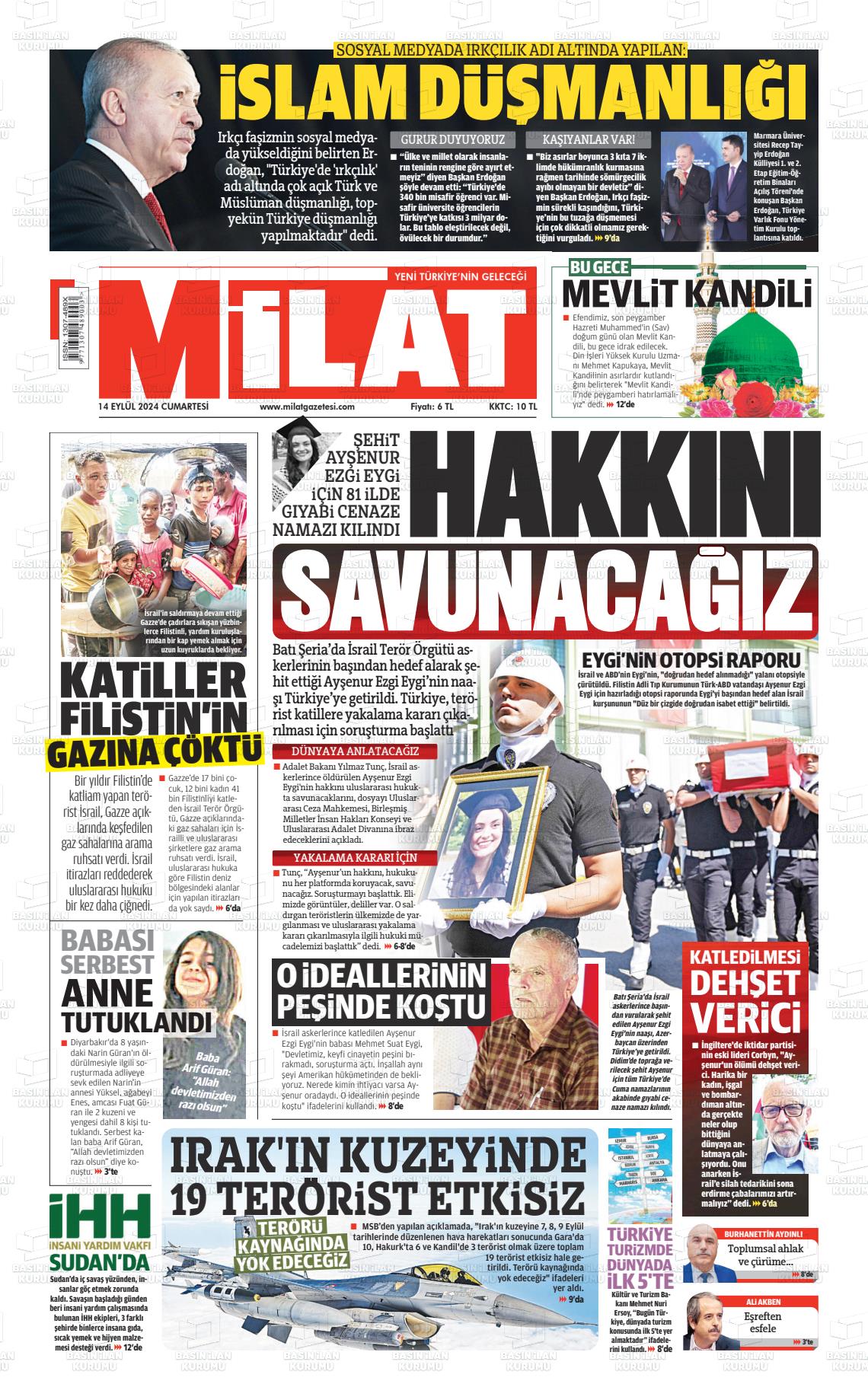 14 Eylül 2024 Milat Gazete Manşeti