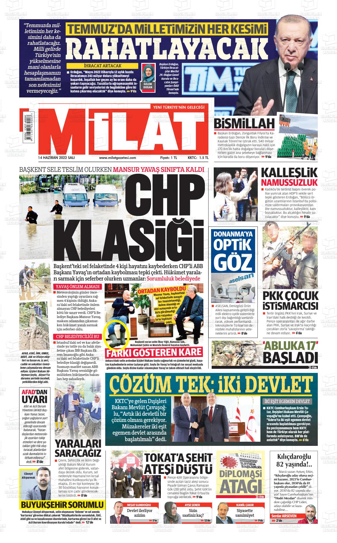 14 Haziran 2022 Milat Gazete Manşeti