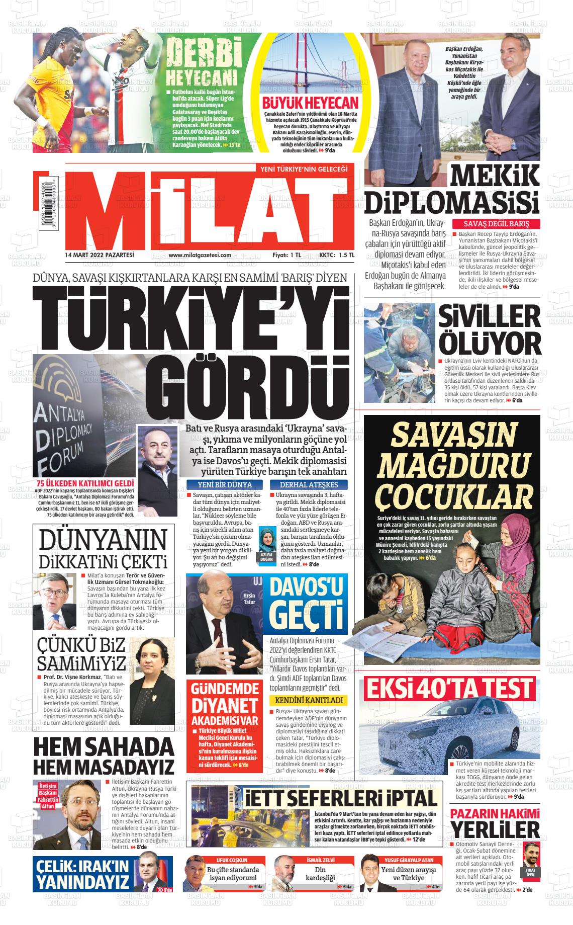 14 Mart 2022 Milat Gazete Manşeti