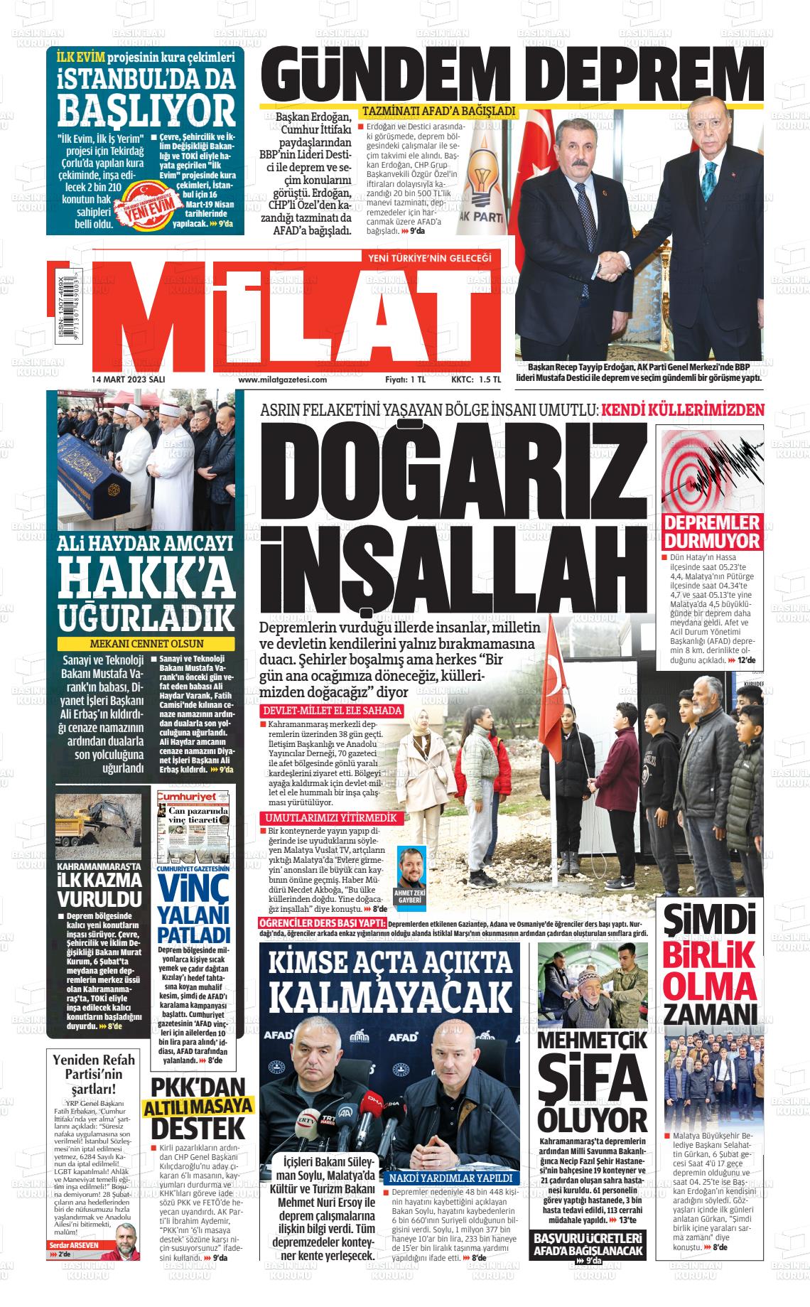 14 Mart 2023 Milat Gazete Manşeti