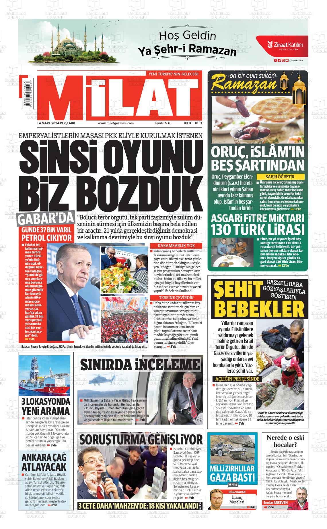 14 Mart 2024 Milat Gazete Manşeti