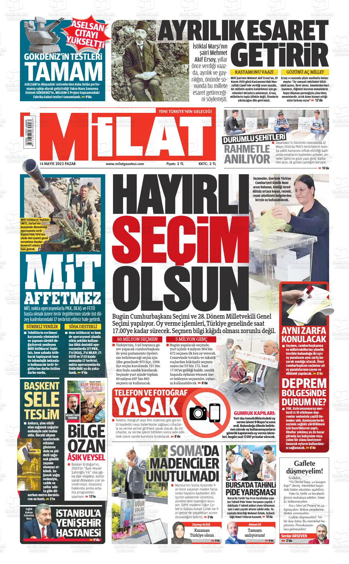 14 Mayıs 2023 Milat Gazete Manşeti