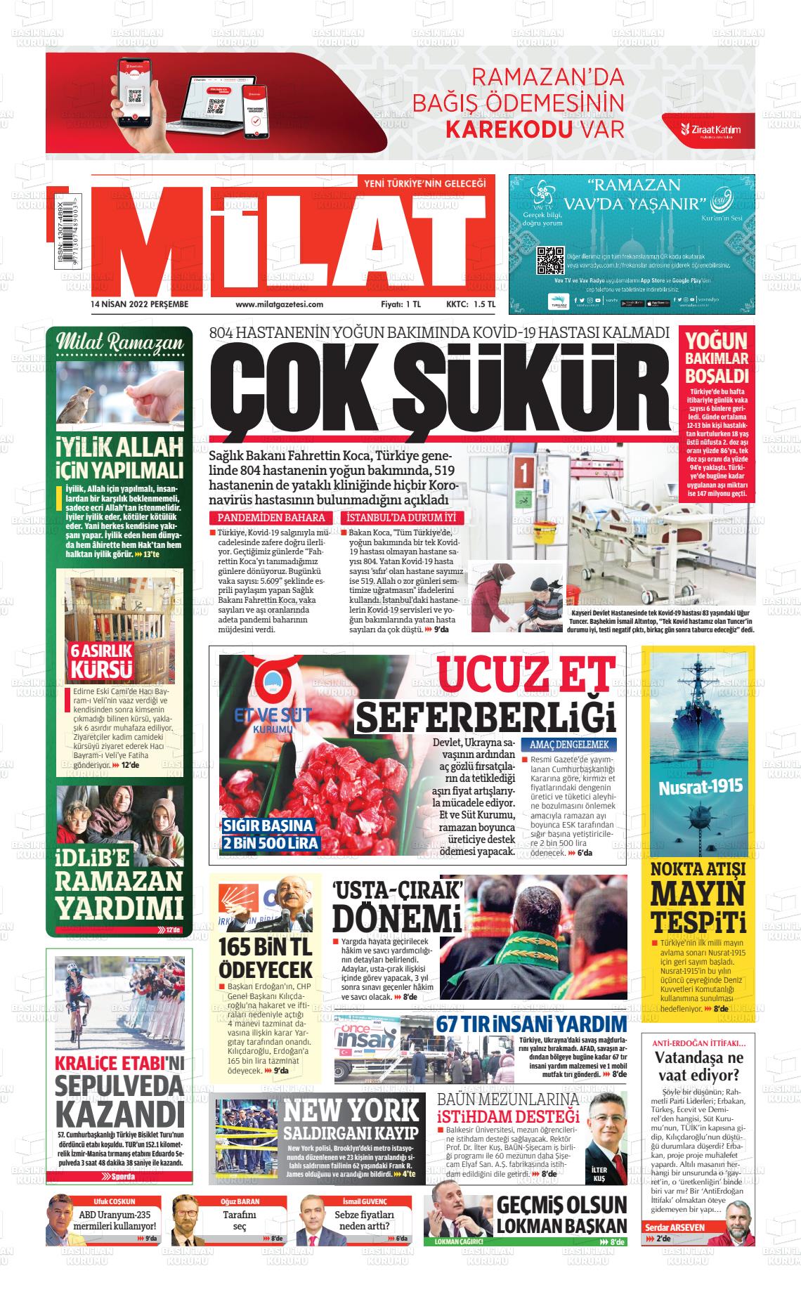 14 Nisan 2022 Milat Gazete Manşeti