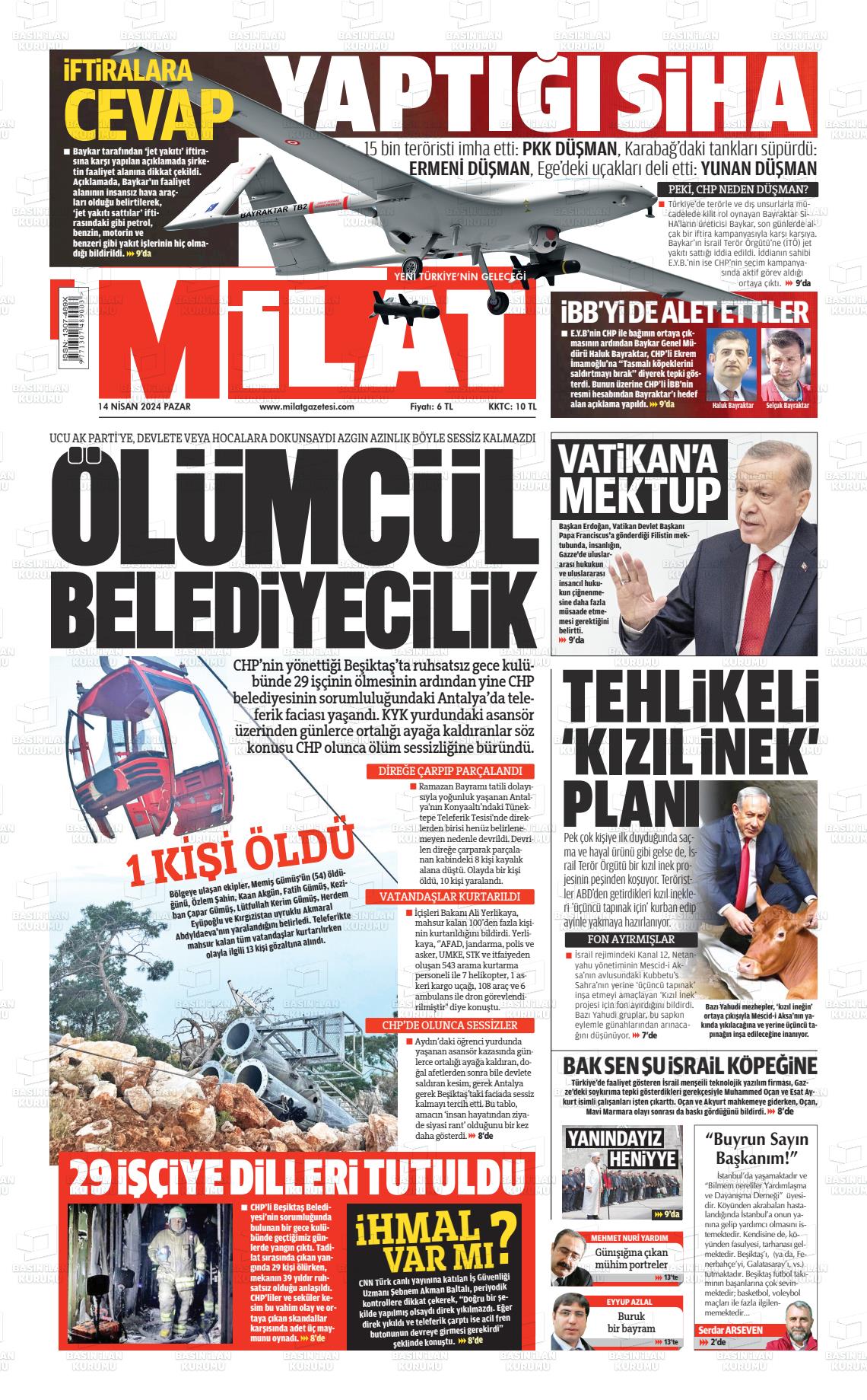 14 Nisan 2024 Milat Gazete Manşeti