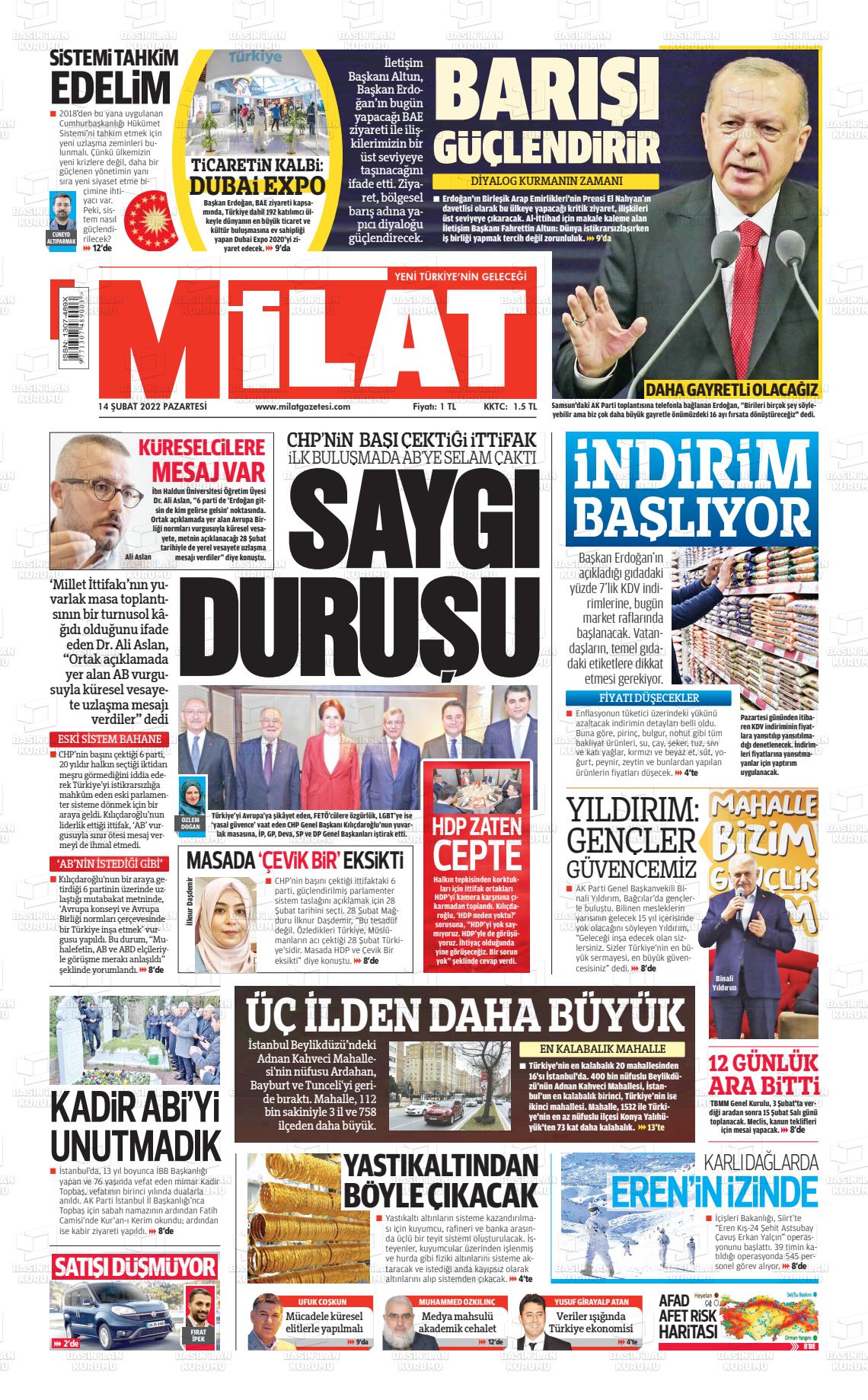 14 Şubat 2022 Milat Gazete Manşeti