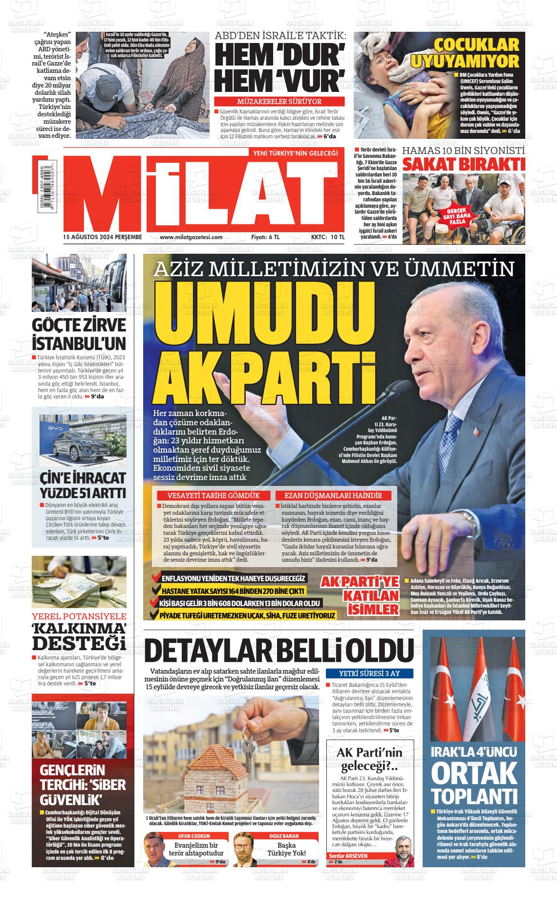 15 Ağustos 2024 Milat Gazete Manşeti