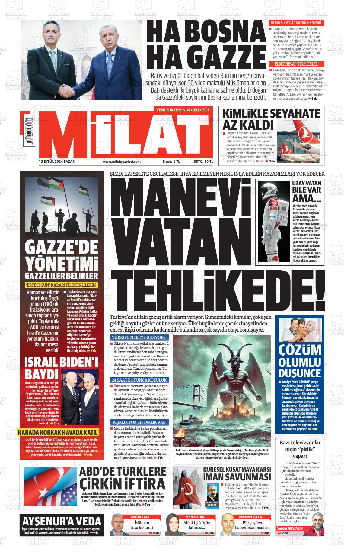 15 Eylül 2024 Milat Gazete Manşeti