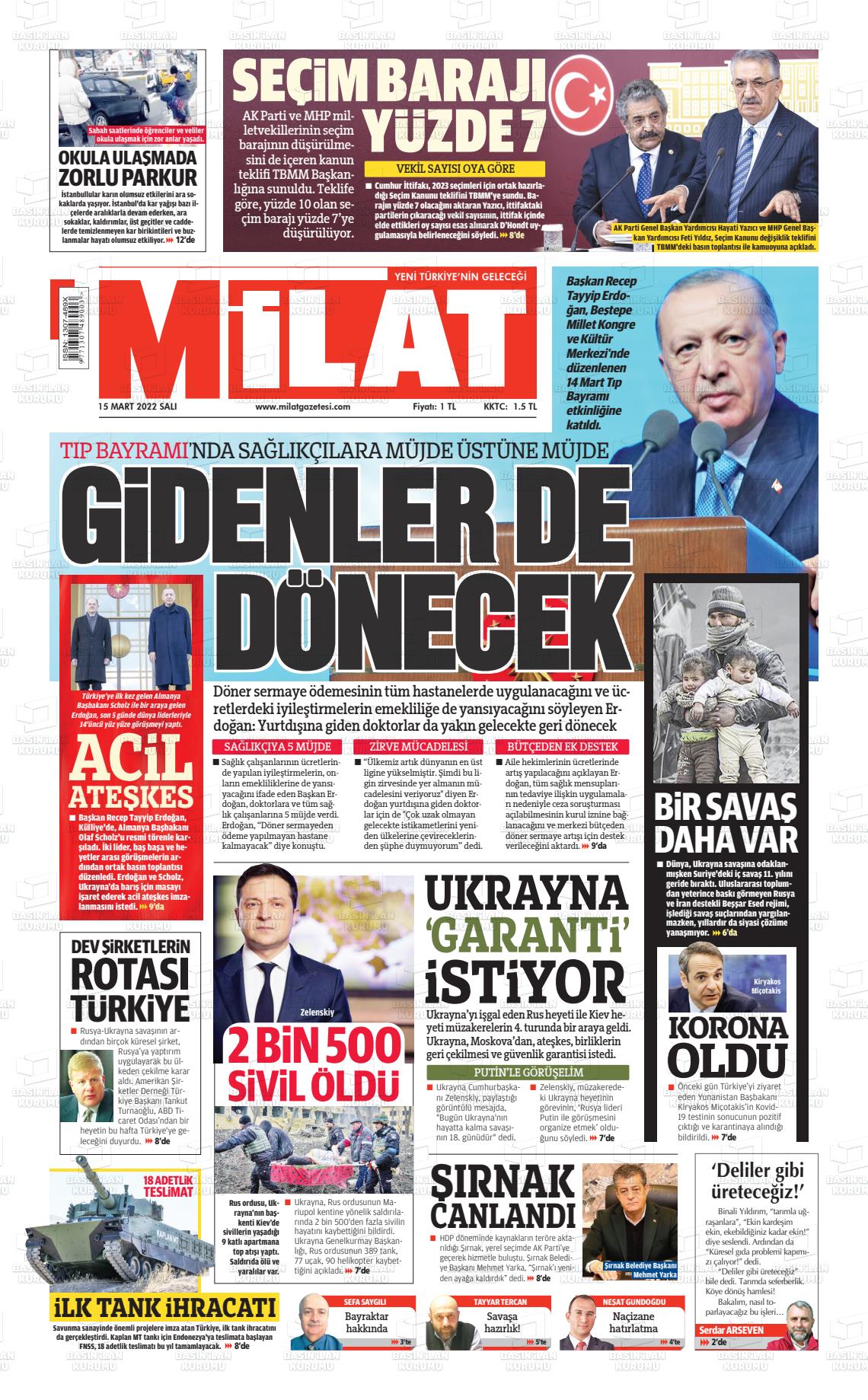 15 Mart 2022 Milat Gazete Manşeti