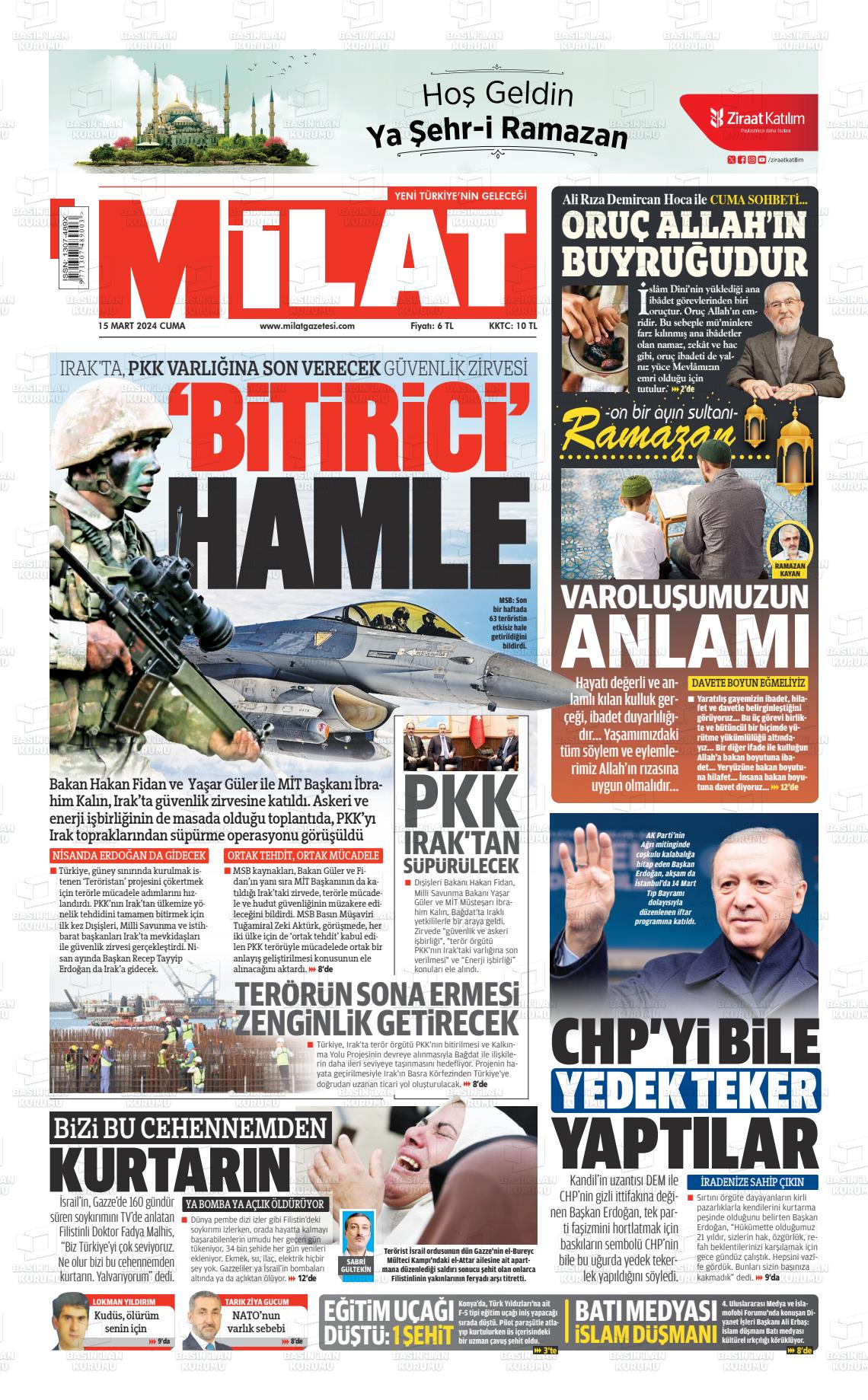 15 Mart 2024 Milat Gazete Manşeti