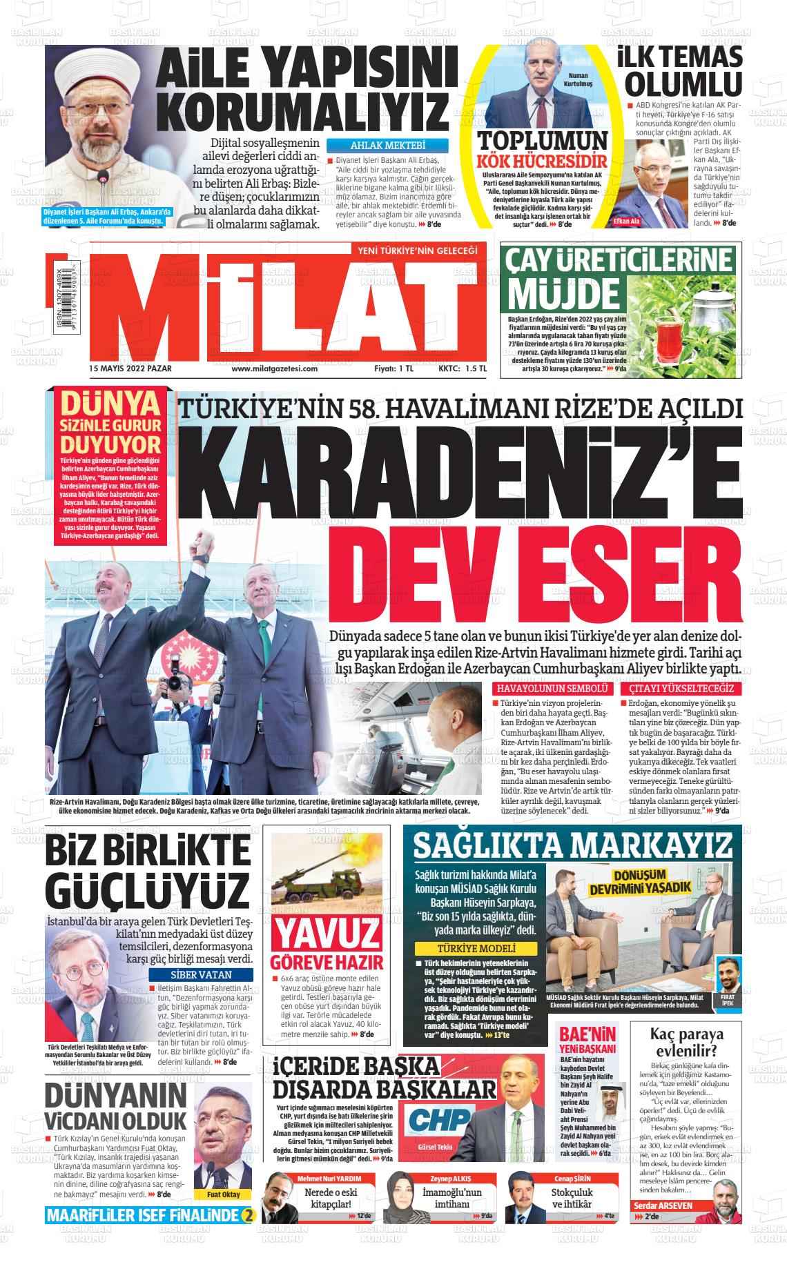 15 Mayıs 2022 Milat Gazete Manşeti