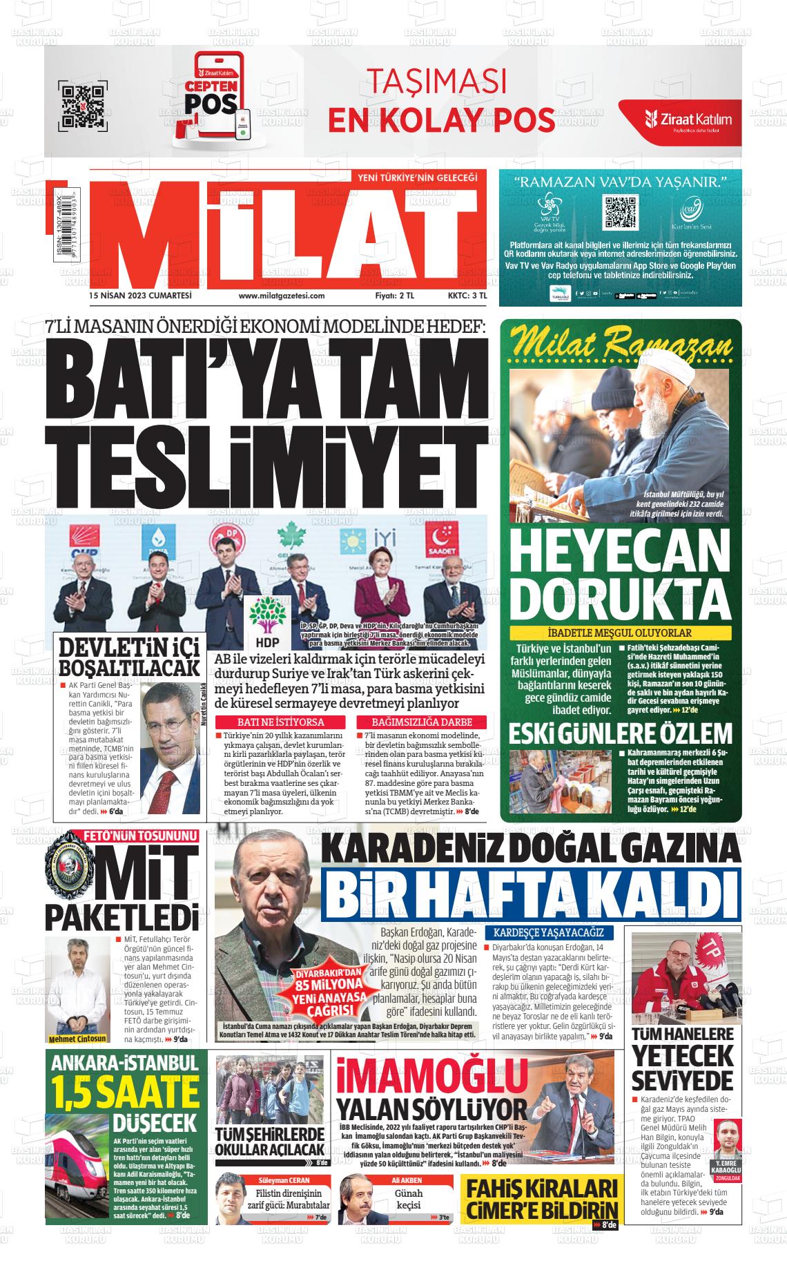 15 Nisan 2023 Milat Gazete Manşeti