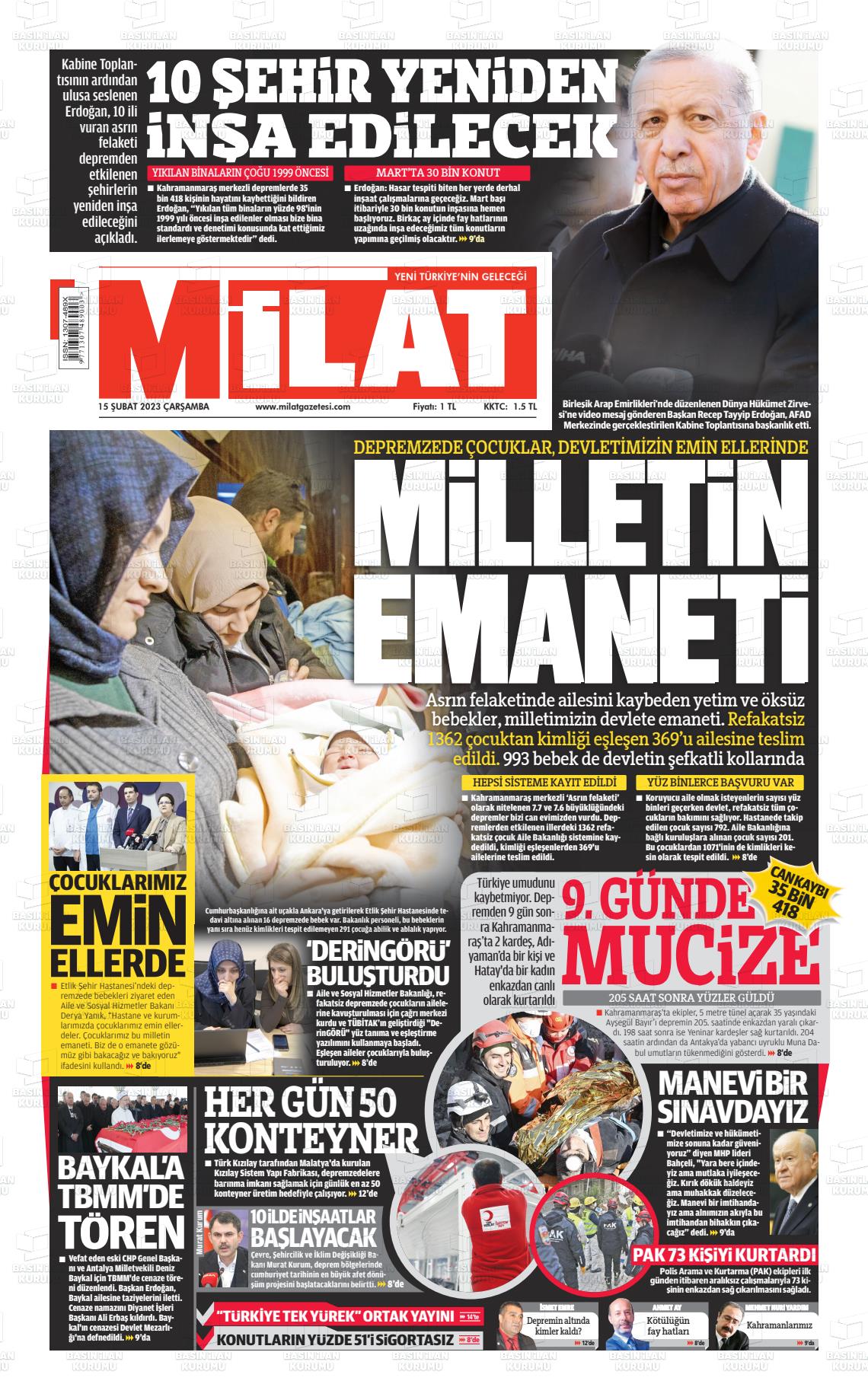 15 Şubat 2023 Milat Gazete Manşeti