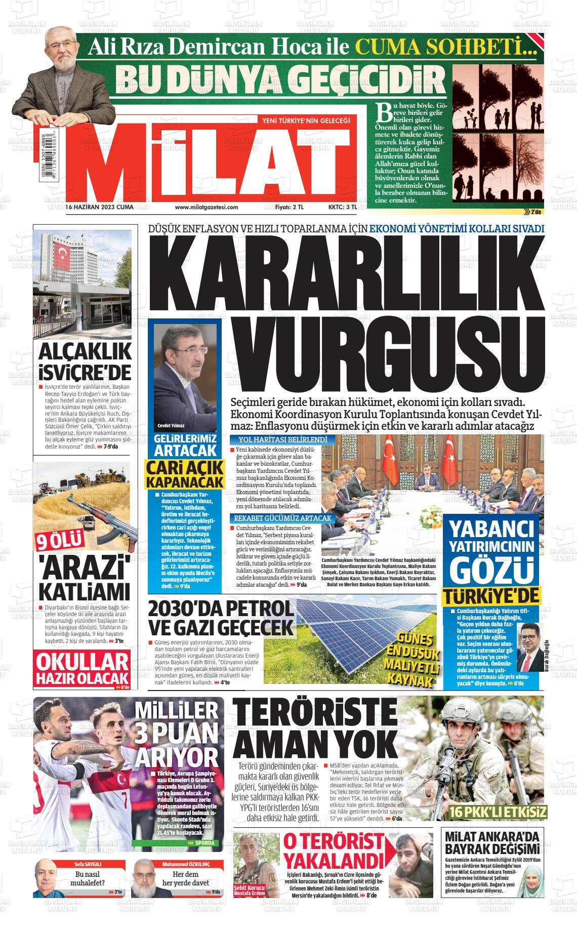 16 Haziran 2023 Milat Gazete Manşeti