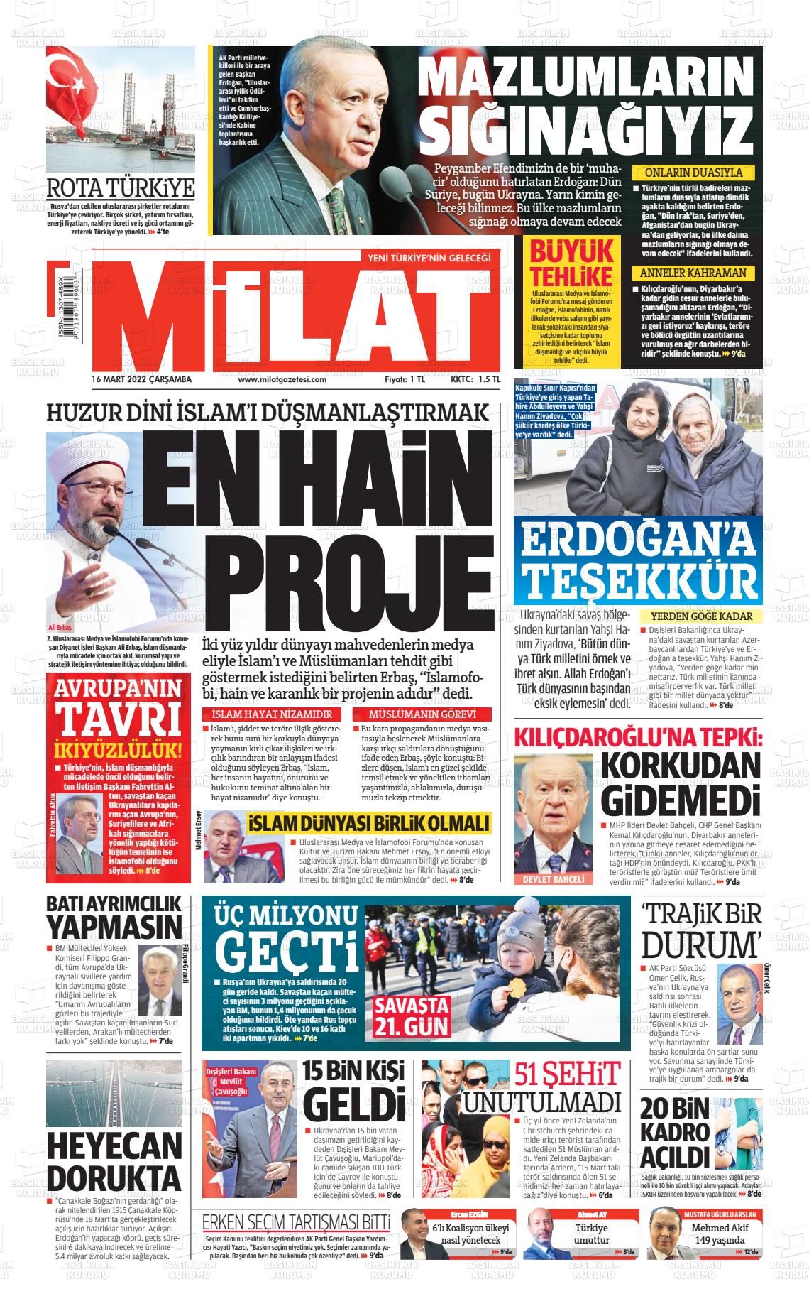 16 Mart 2022 Milat Gazete Manşeti