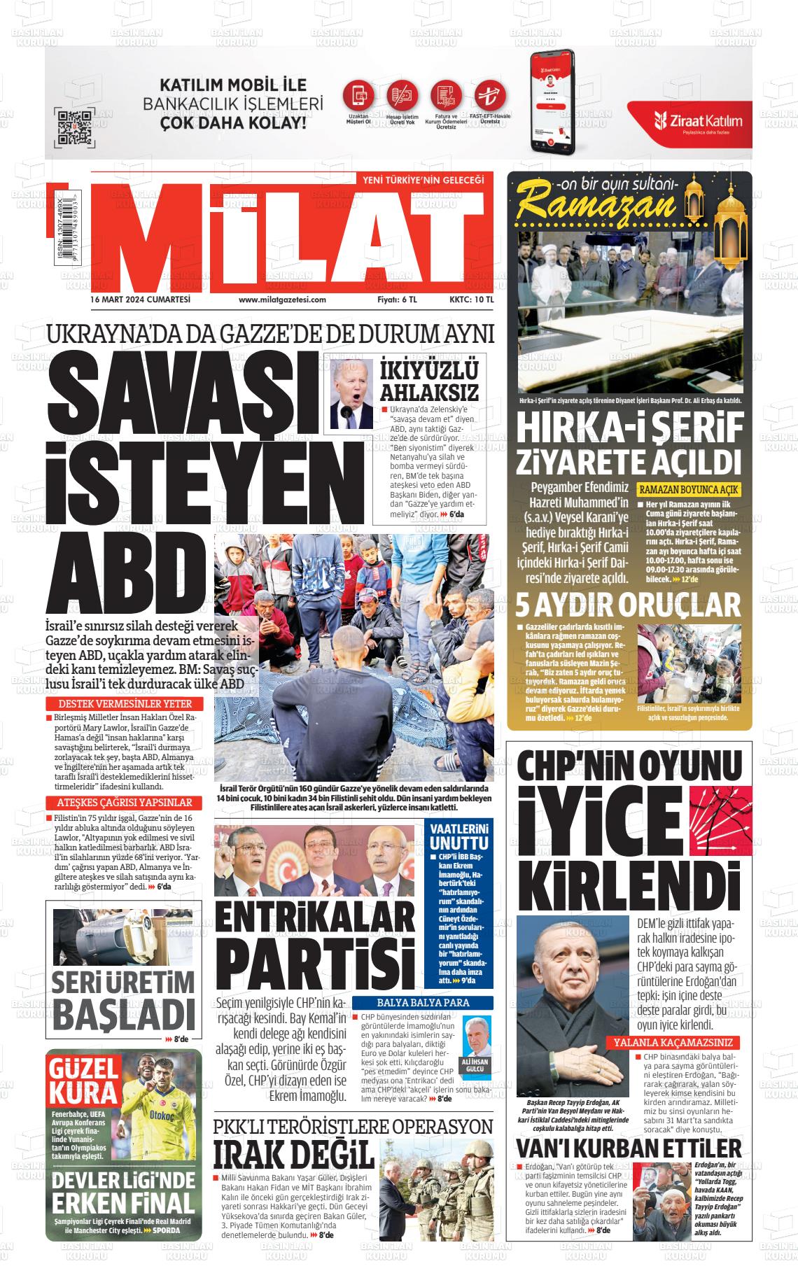 16 Mart 2024 Milat Gazete Manşeti