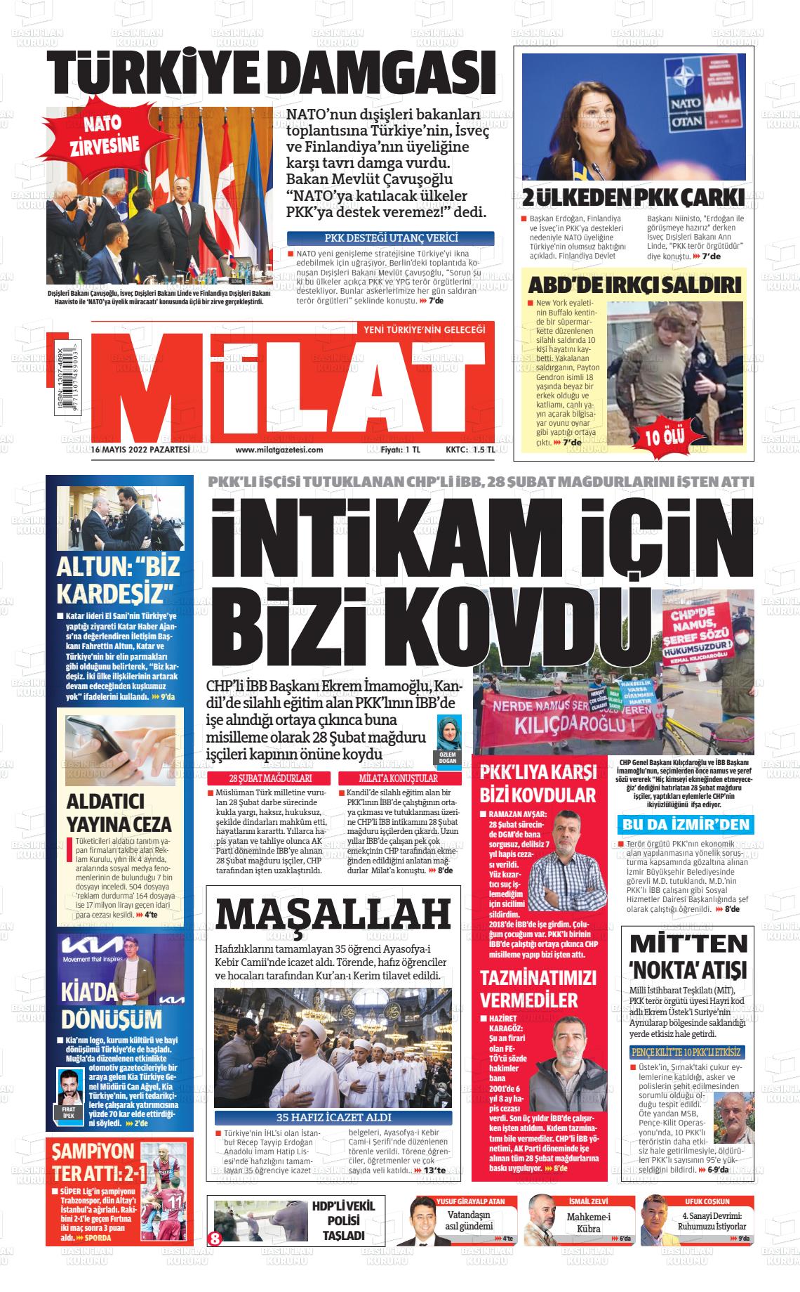 16 Mayıs 2022 Milat Gazete Manşeti