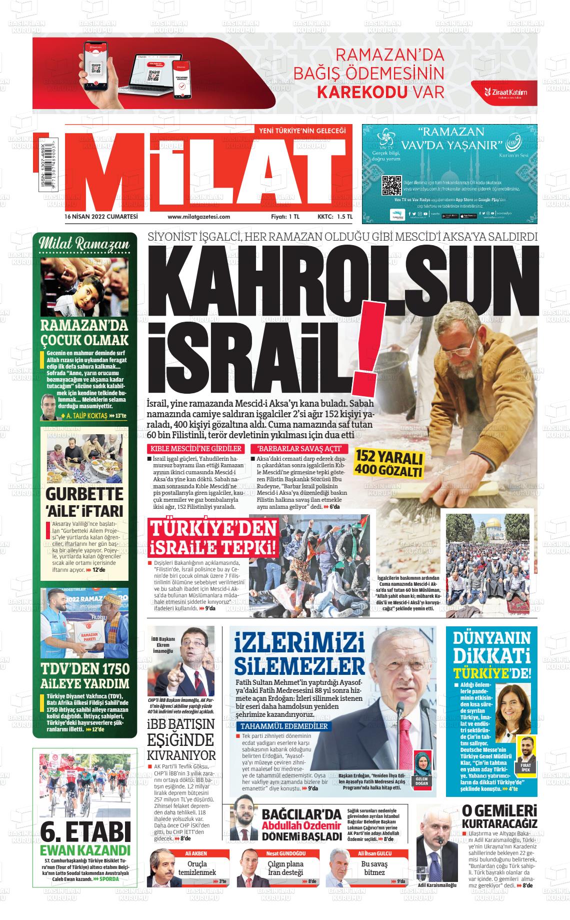 16 Nisan 2022 Milat Gazete Manşeti