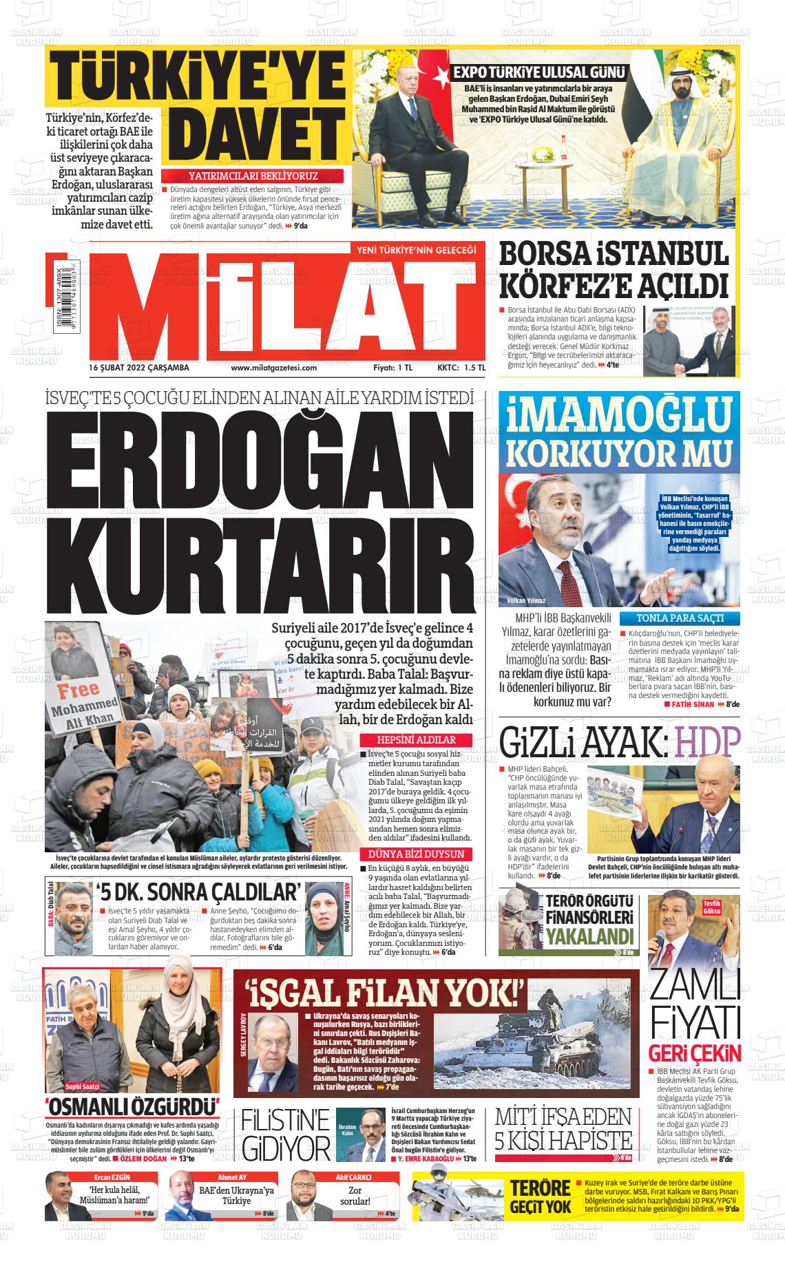 16 Şubat 2022 Milat Gazete Manşeti