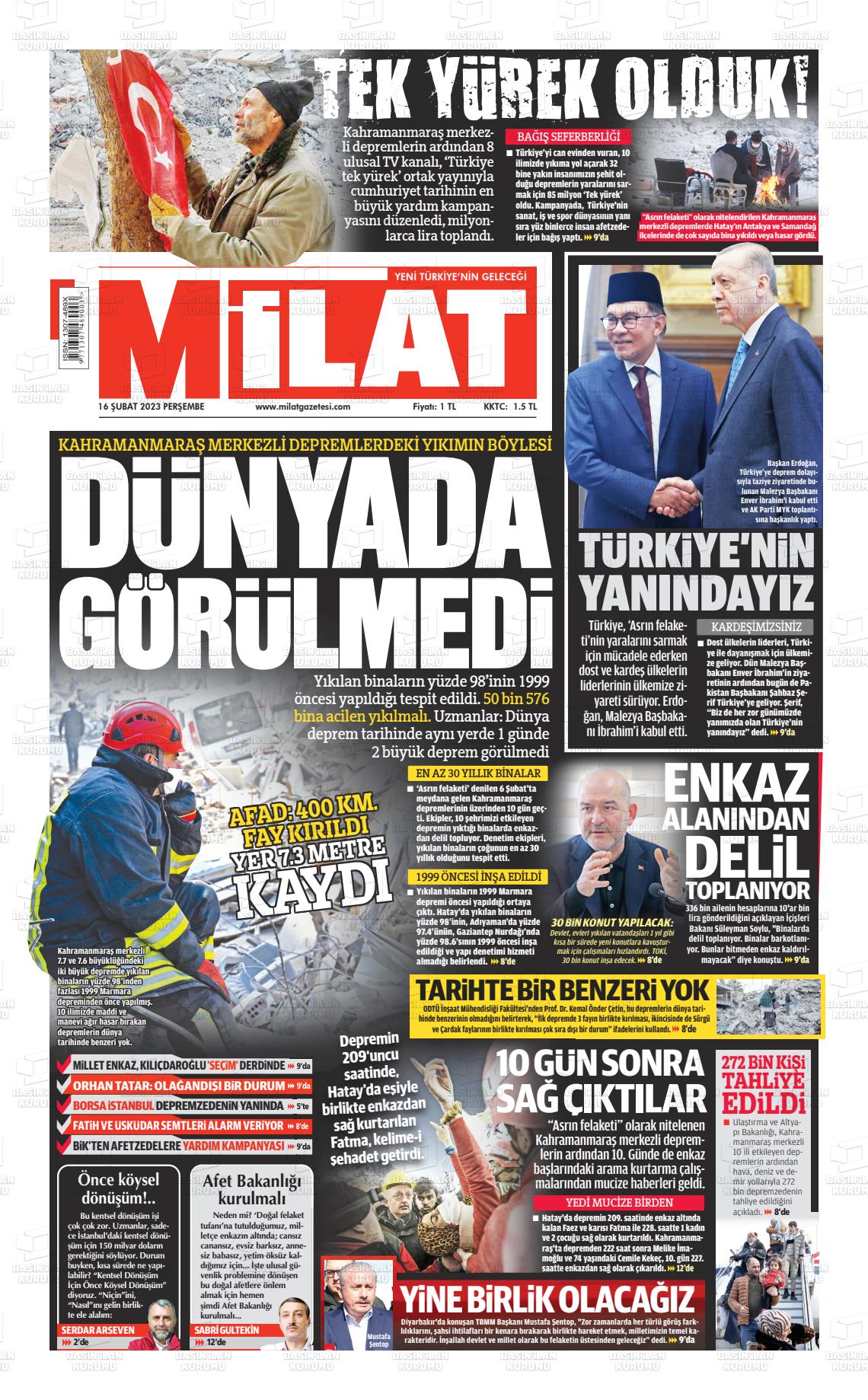 16 Şubat 2023 Milat Gazete Manşeti