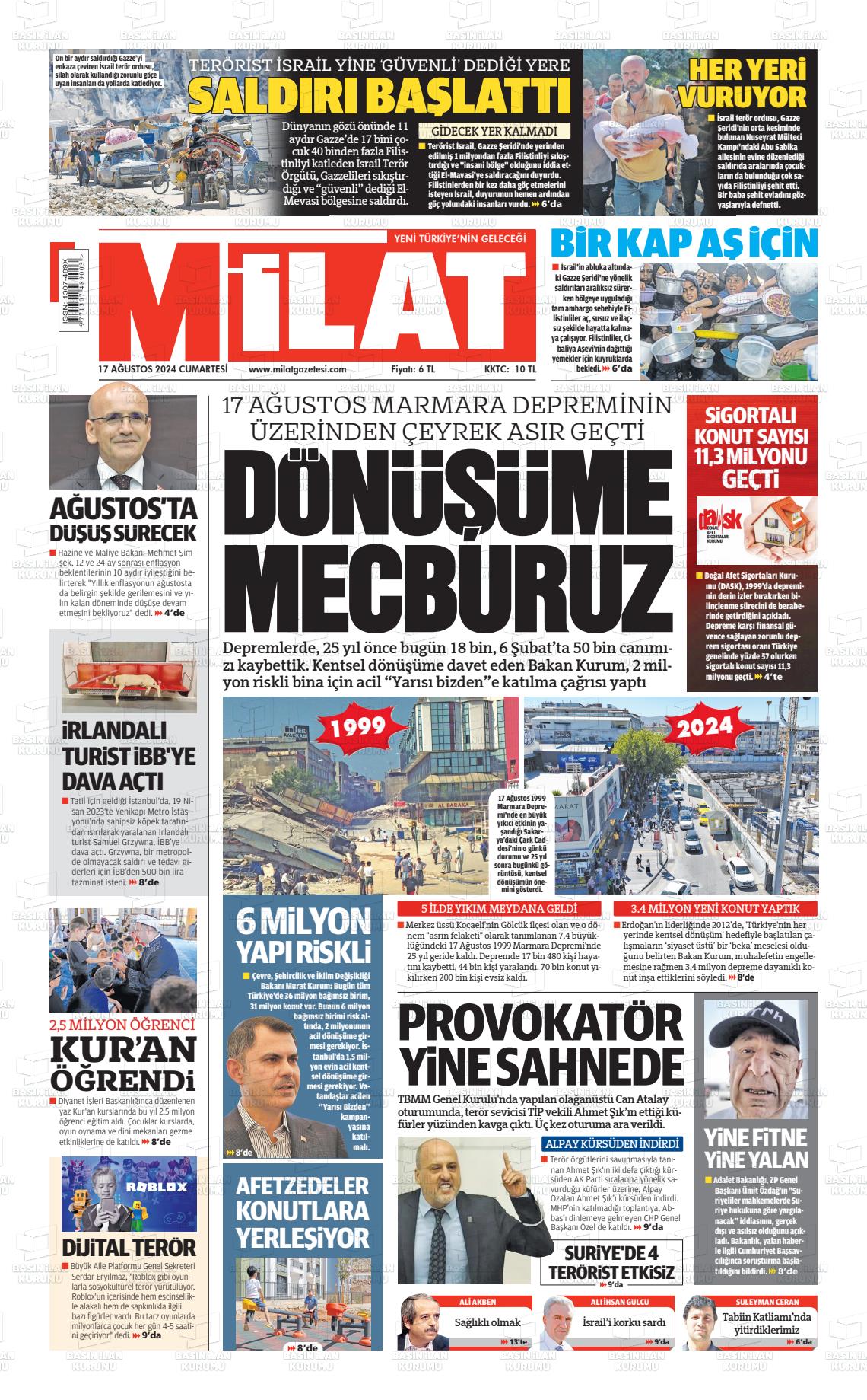 17 Ağustos 2024 Milat Gazete Manşeti