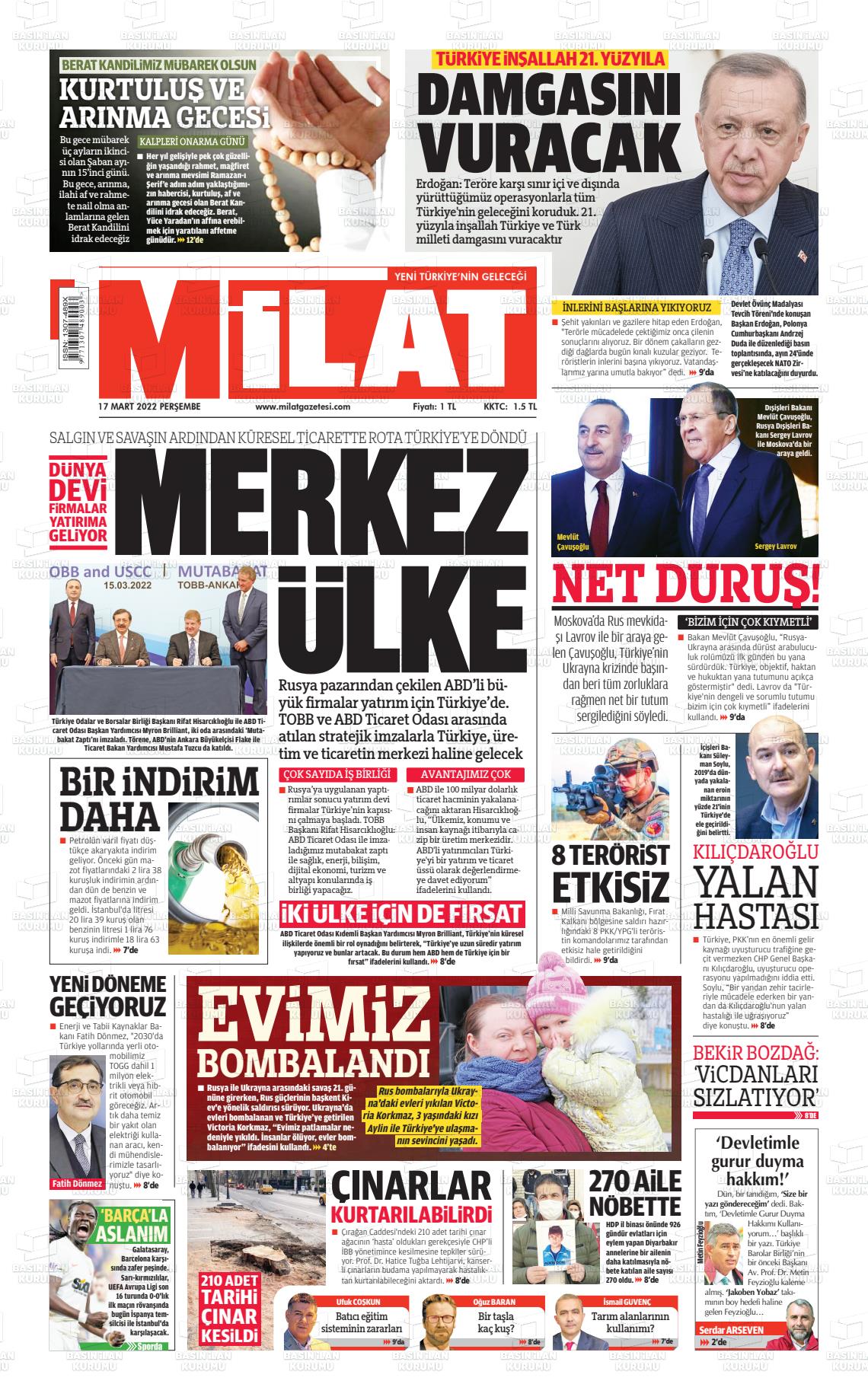 17 Mart 2022 Milat Gazete Manşeti