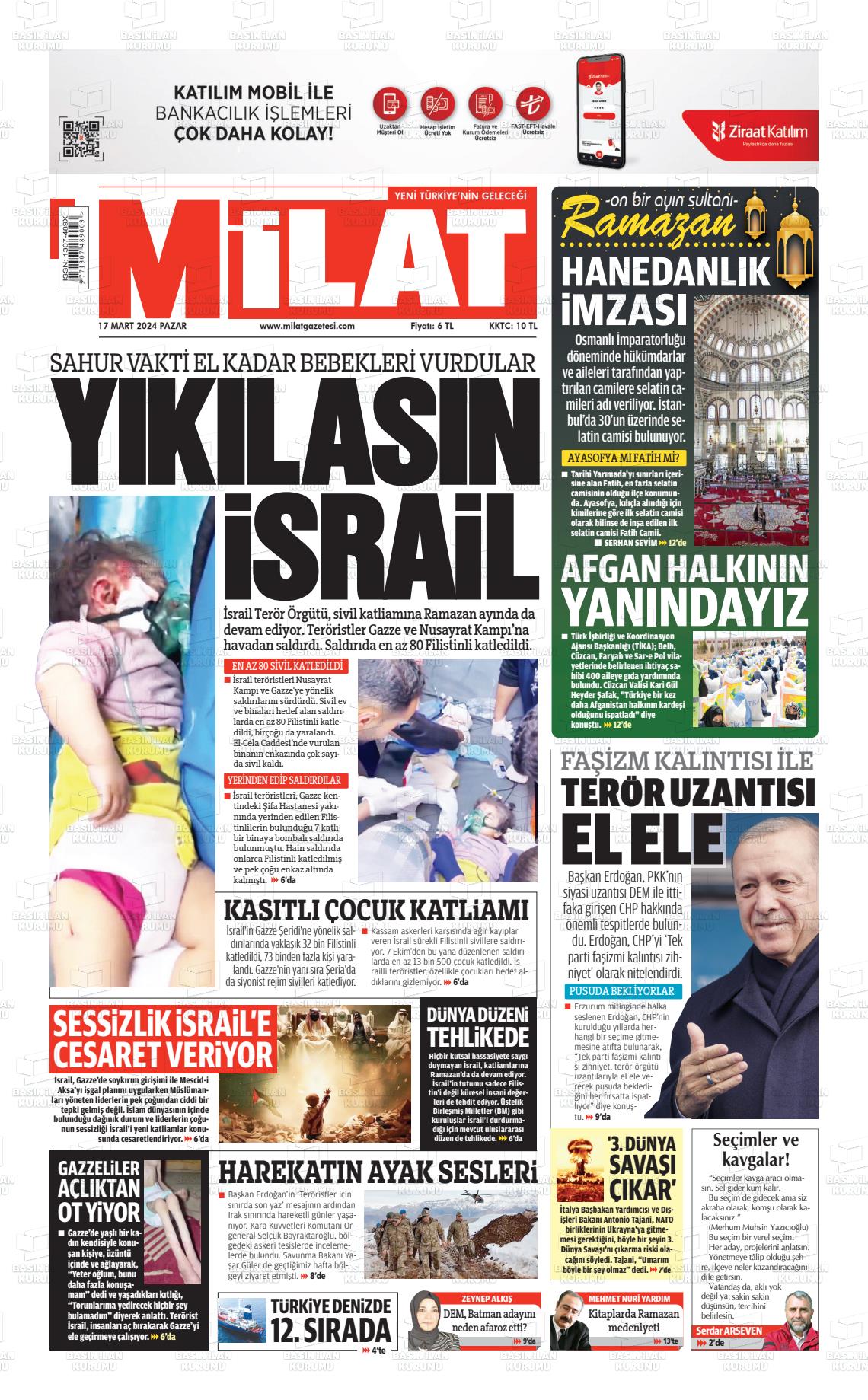 17 Mart 2024 Milat Gazete Manşeti