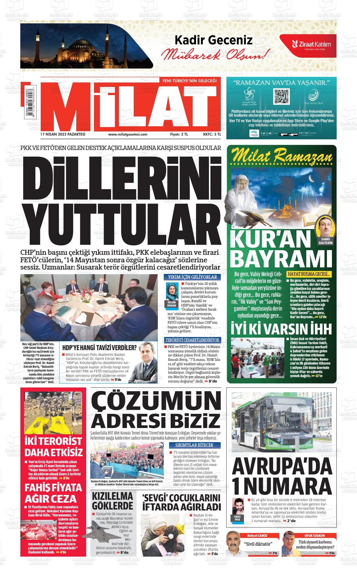 17 Nisan 2023 Milat Gazete Manşeti