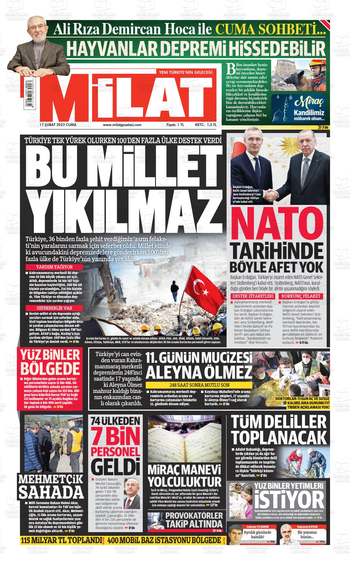 17 Şubat 2023 Milat Gazete Manşeti