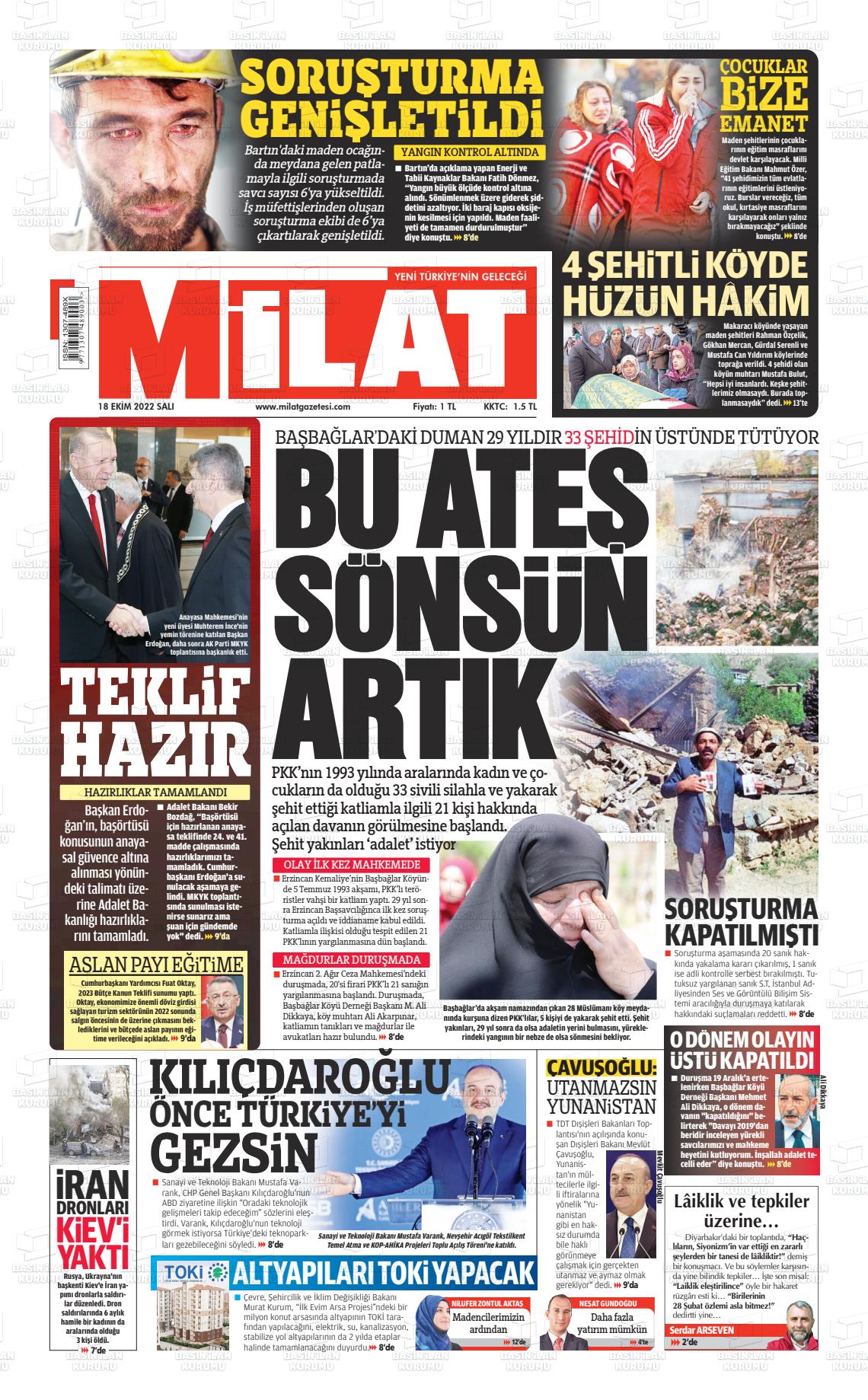 18 Ekim 2022 Milat Gazete Manşeti