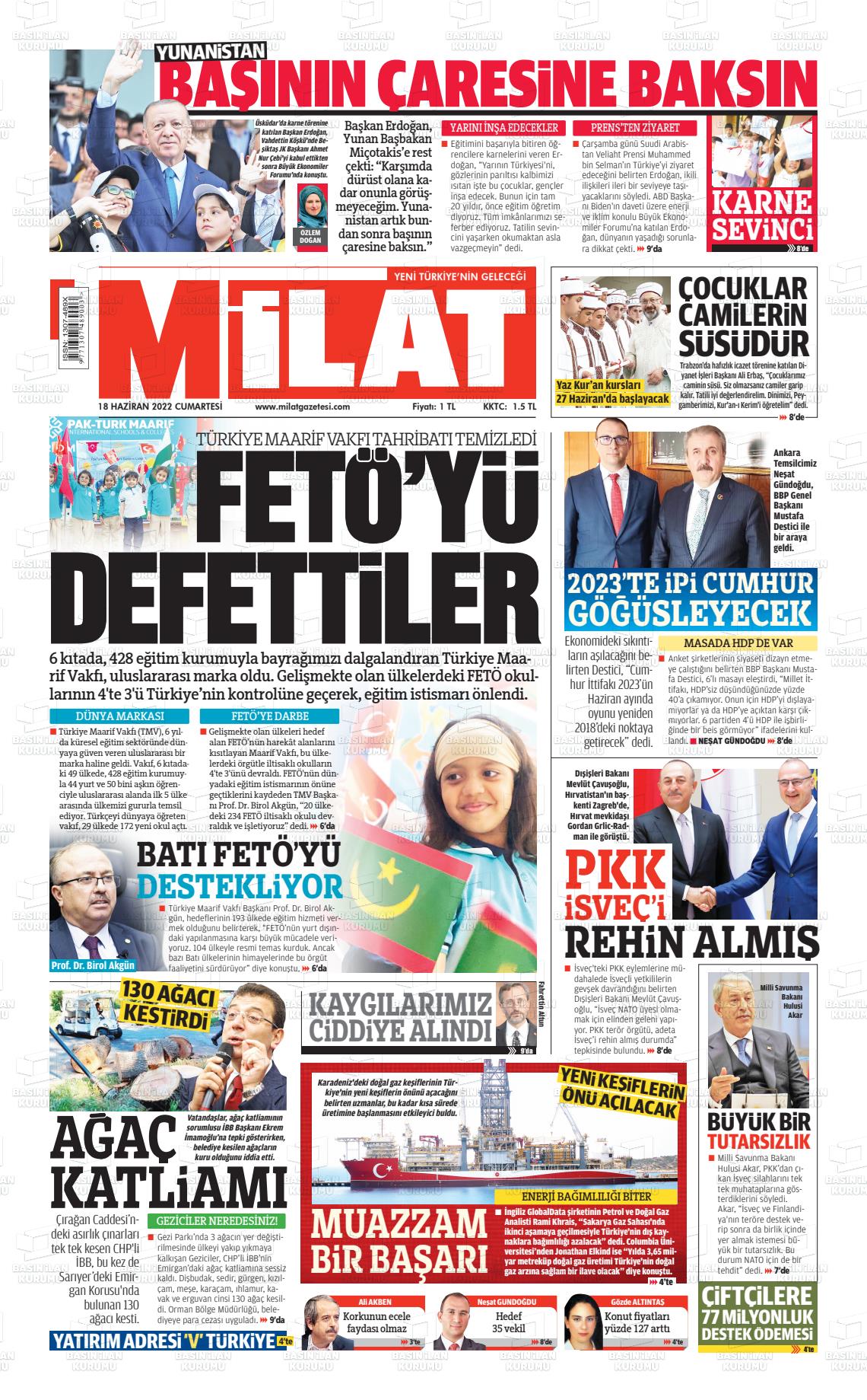 18 Haziran 2022 Milat Gazete Manşeti