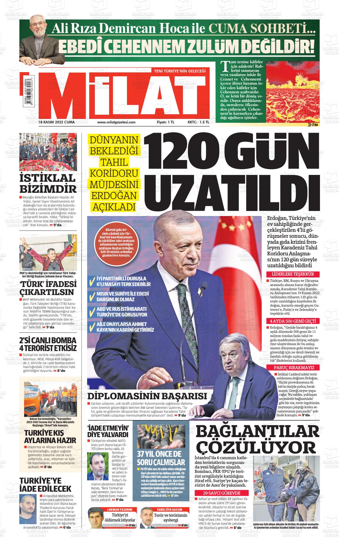 18 Kasım 2022 Milat Gazete Manşeti