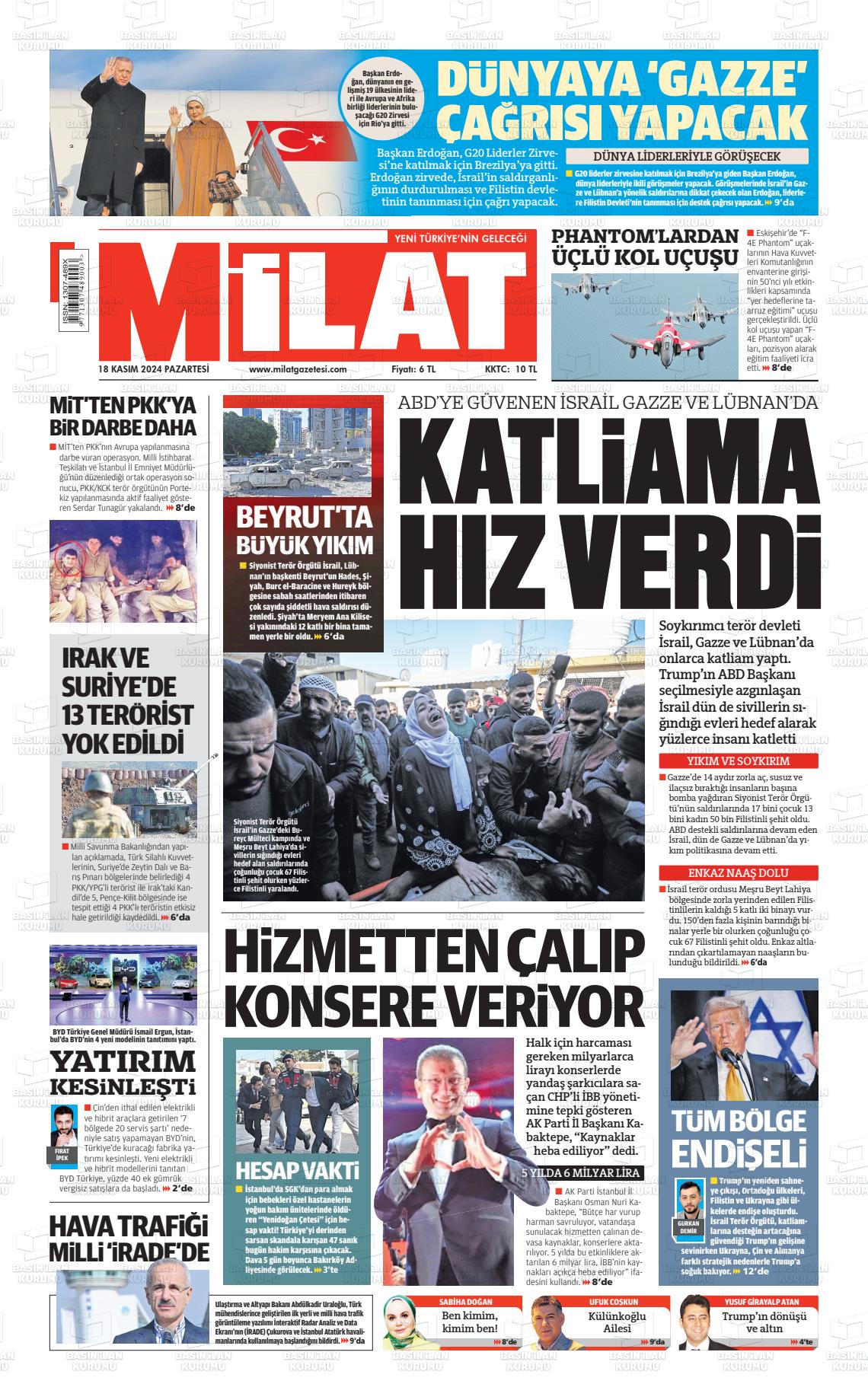 18 Kasım 2024 Milat Gazete Manşeti