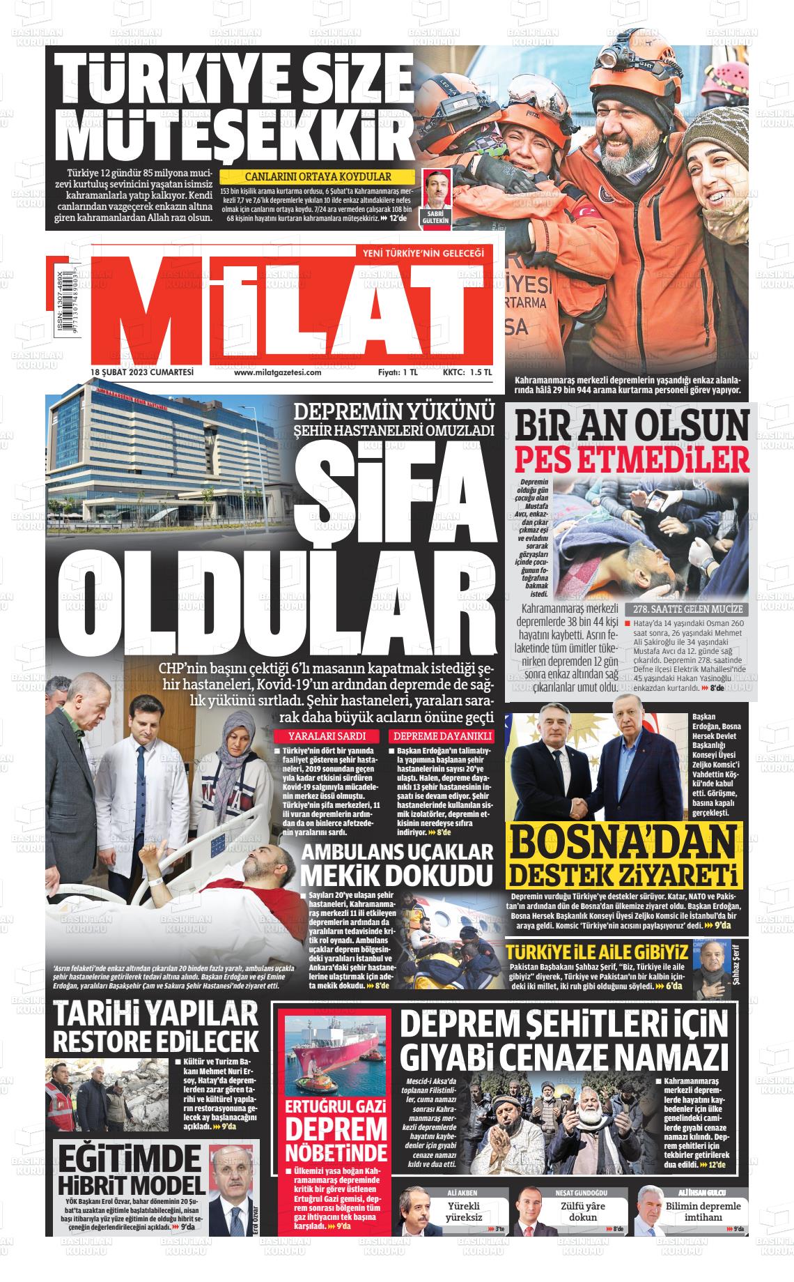 18 Şubat 2023 Milat Gazete Manşeti