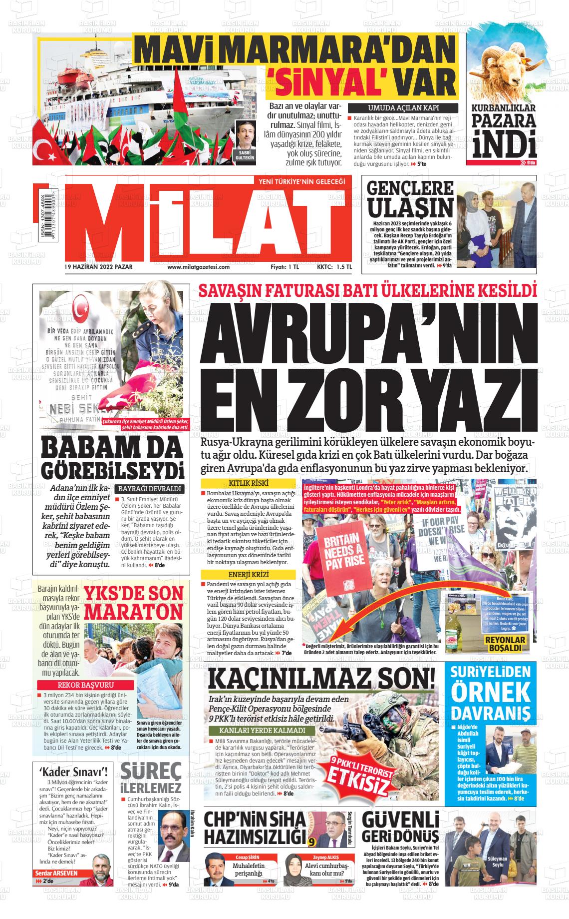 19 Haziran 2022 Milat Gazete Manşeti