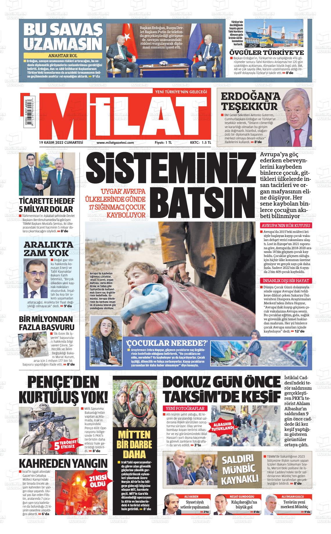 19 Kasım 2022 Milat Gazete Manşeti