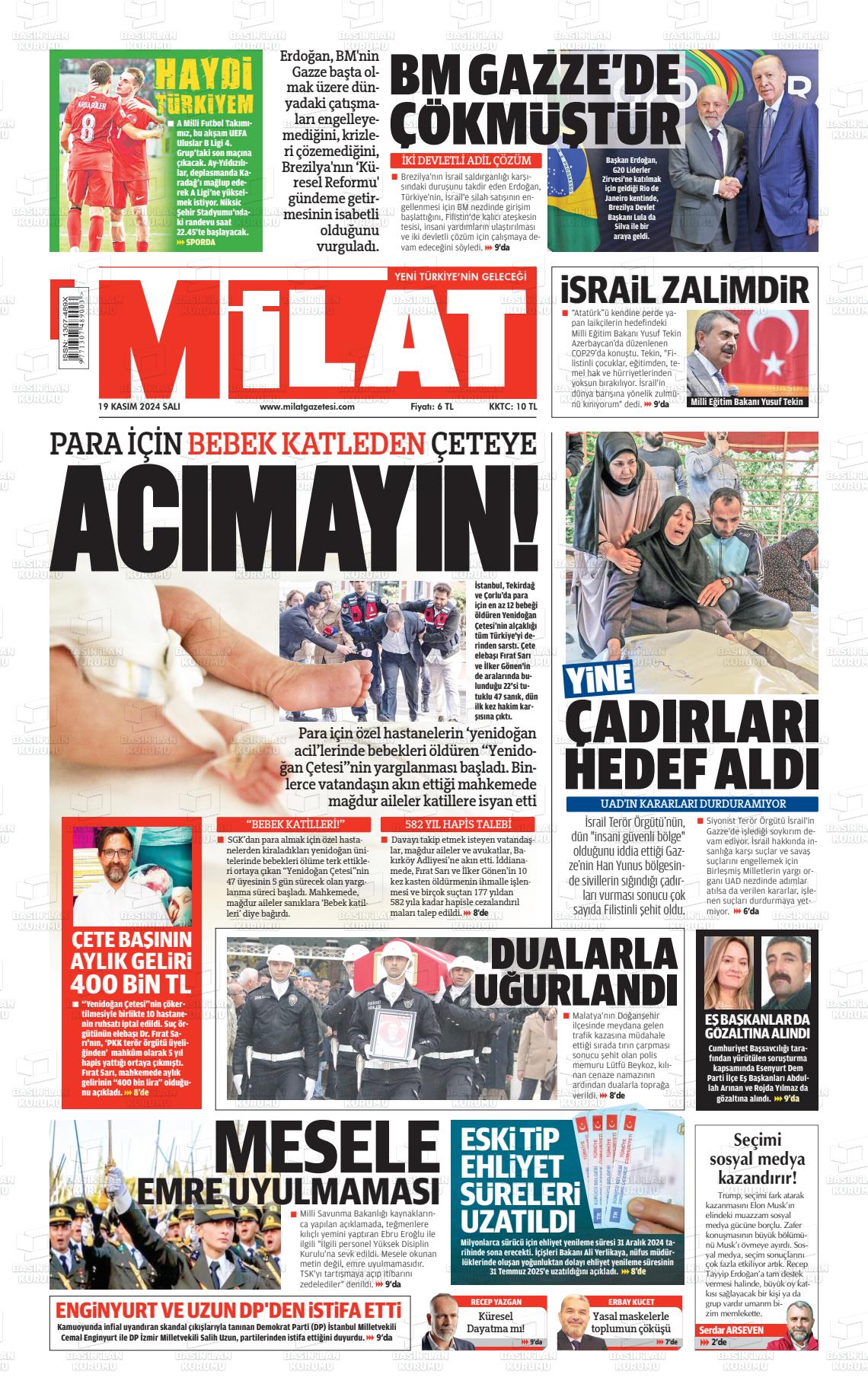 19 Kasım 2024 Milat Gazete Manşeti