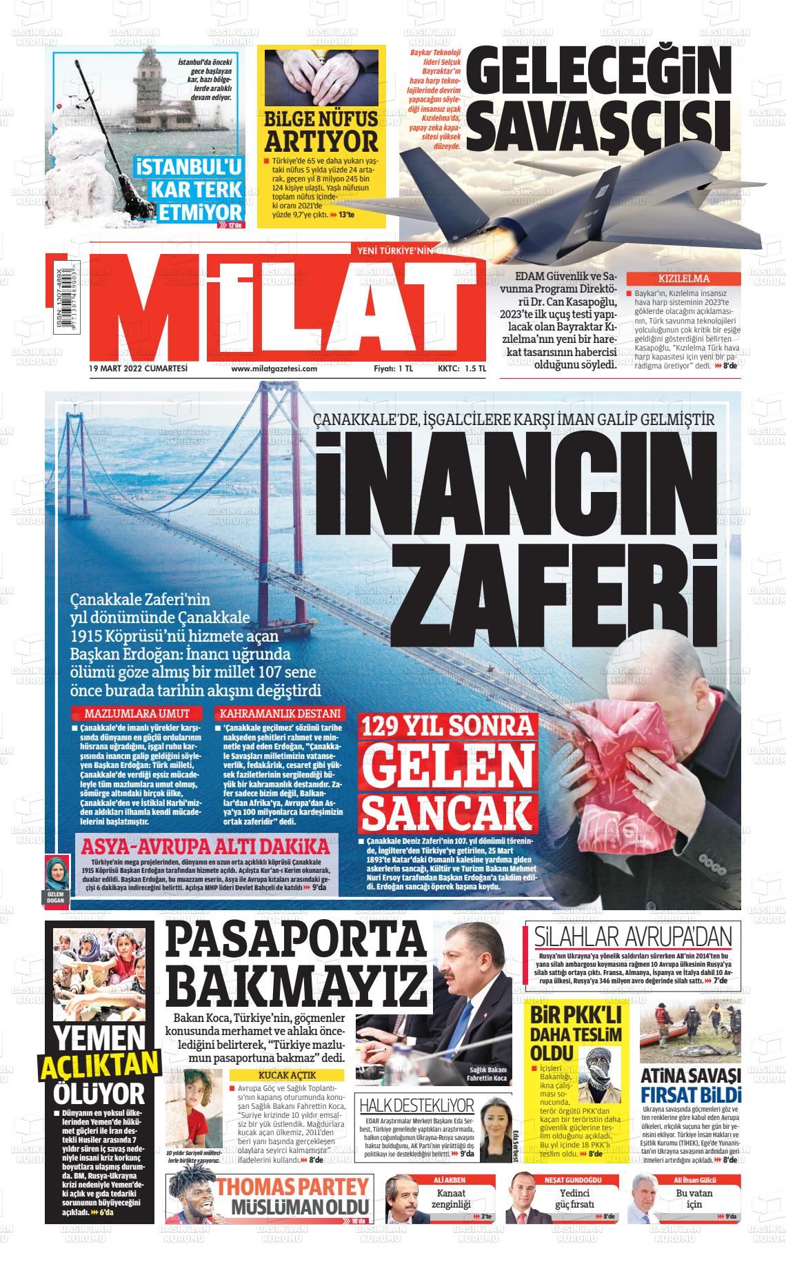 19 Mart 2022 Milat Gazete Manşeti