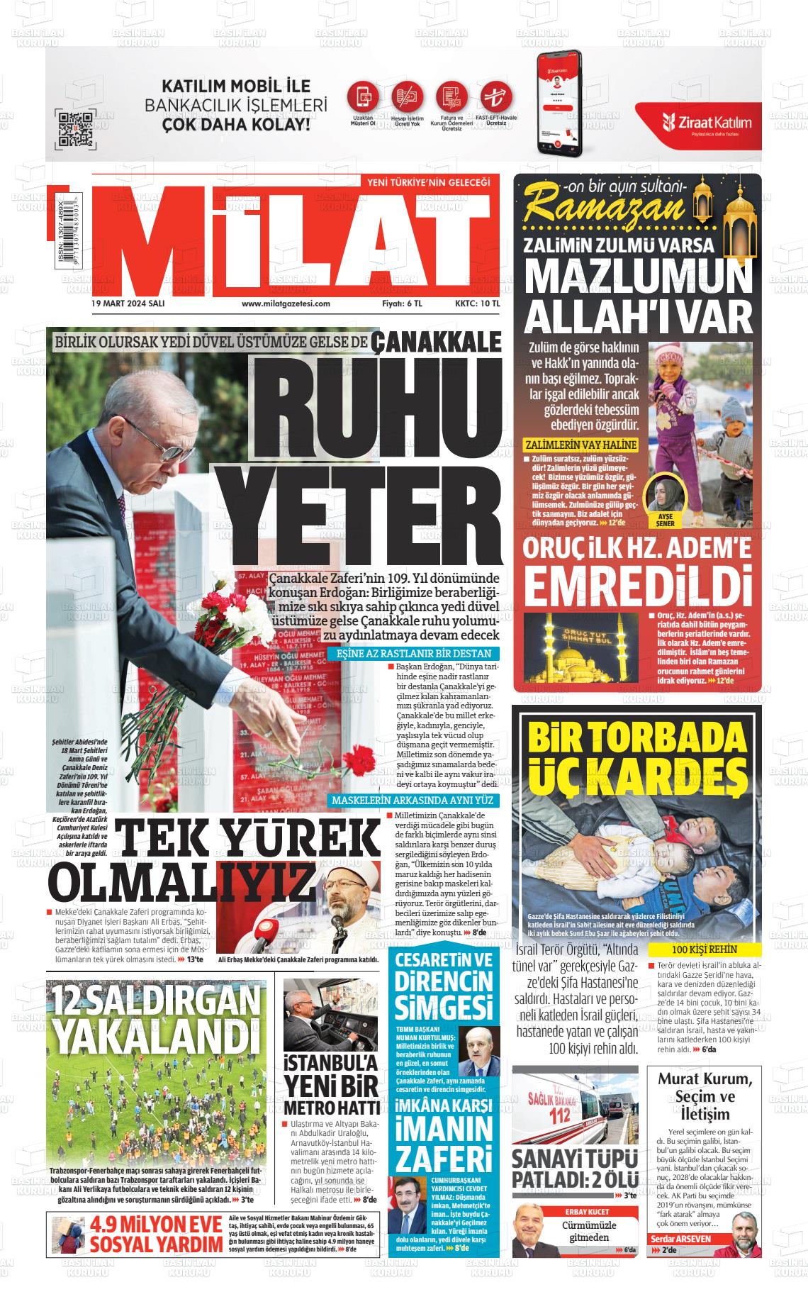 19 Mart 2024 Milat Gazete Manşeti