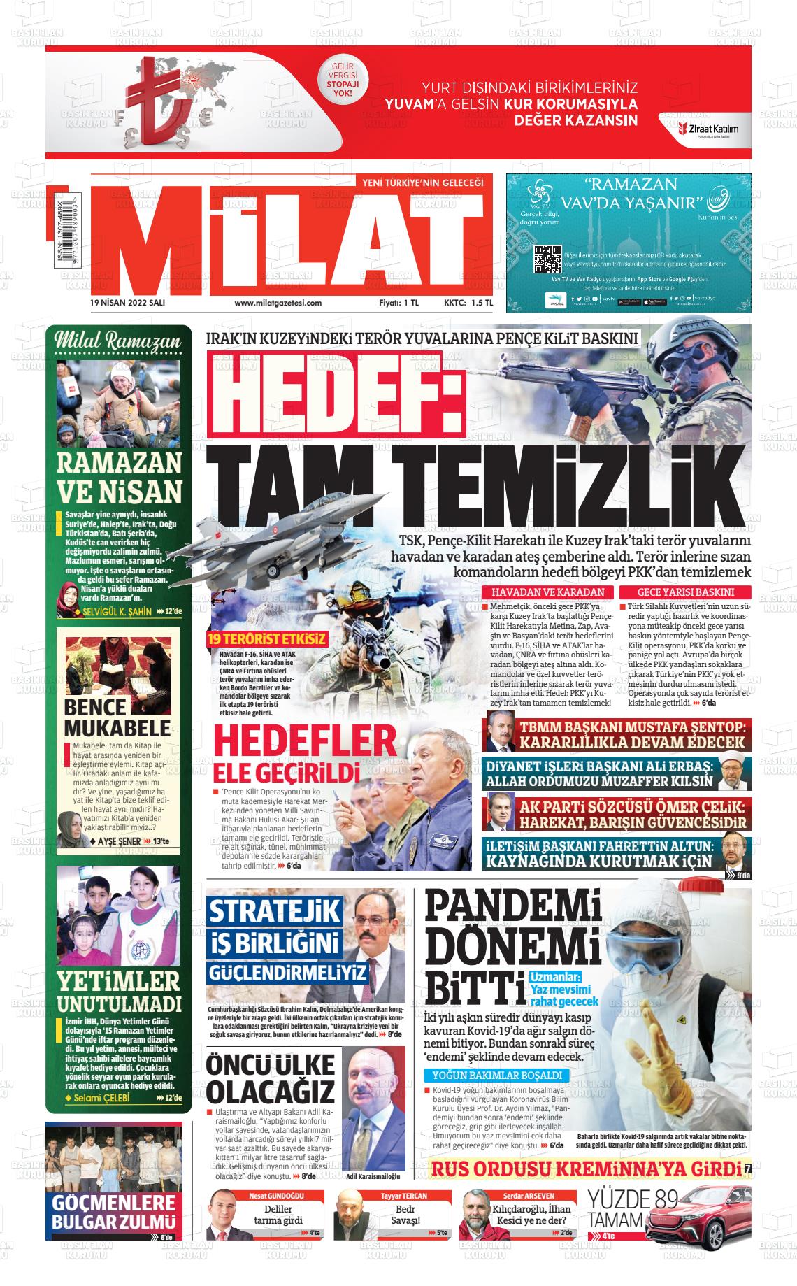 19 Nisan 2022 Milat Gazete Manşeti