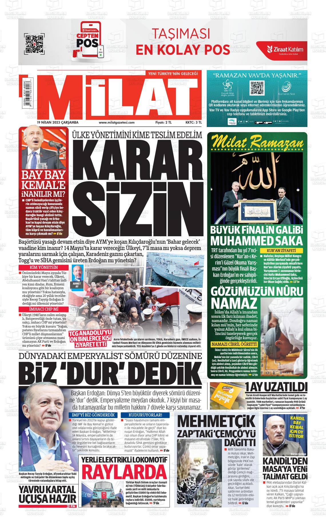 19 Nisan 2023 Milat Gazete Manşeti