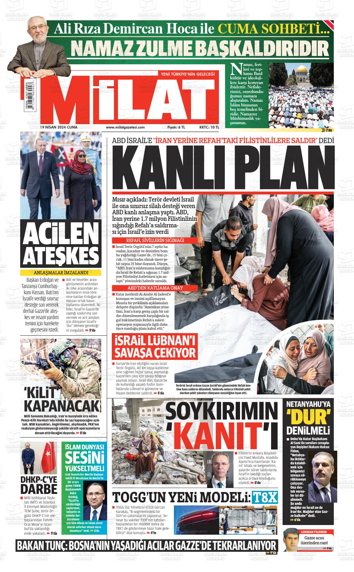 19 Nisan 2024 Milat Gazete Manşeti