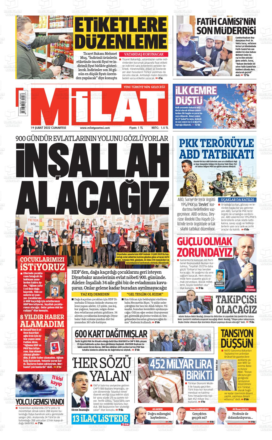 19 Şubat 2022 Milat Gazete Manşeti