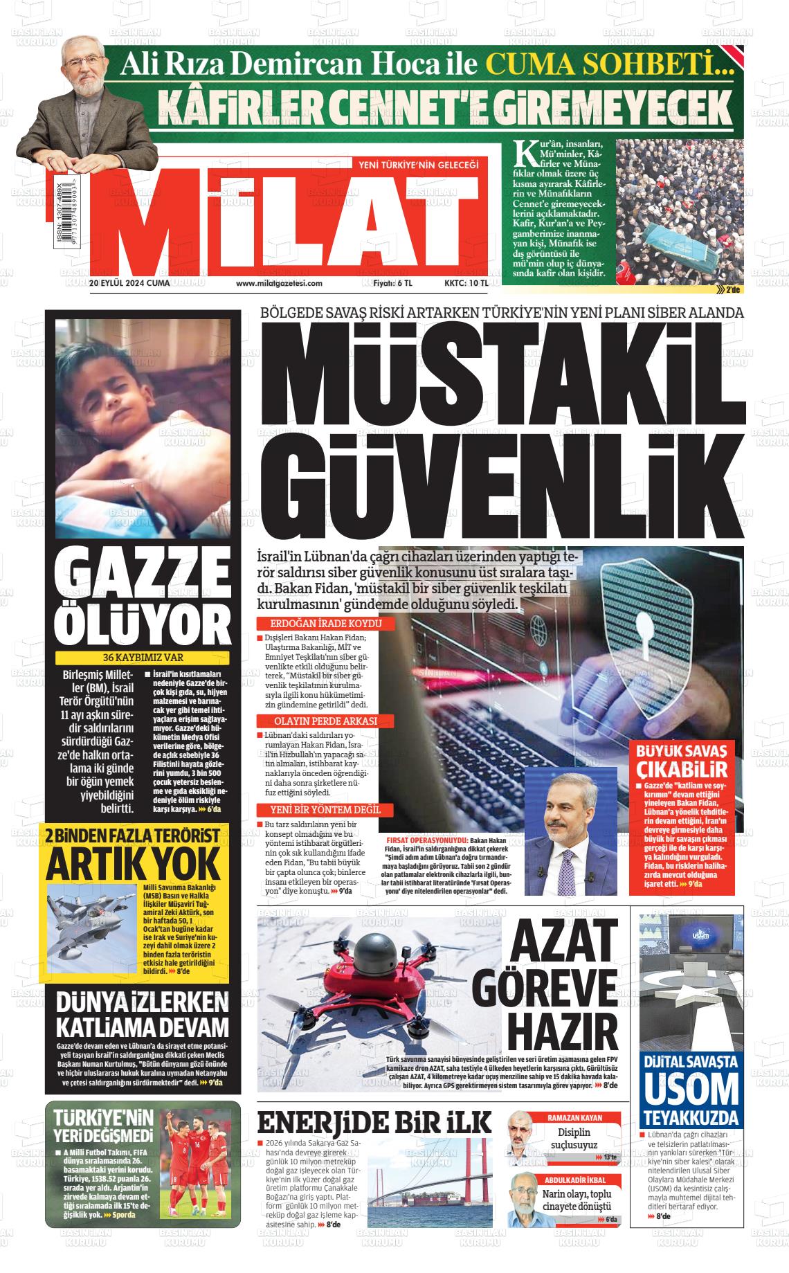 20 Eylül 2024 Milat Gazete Manşeti