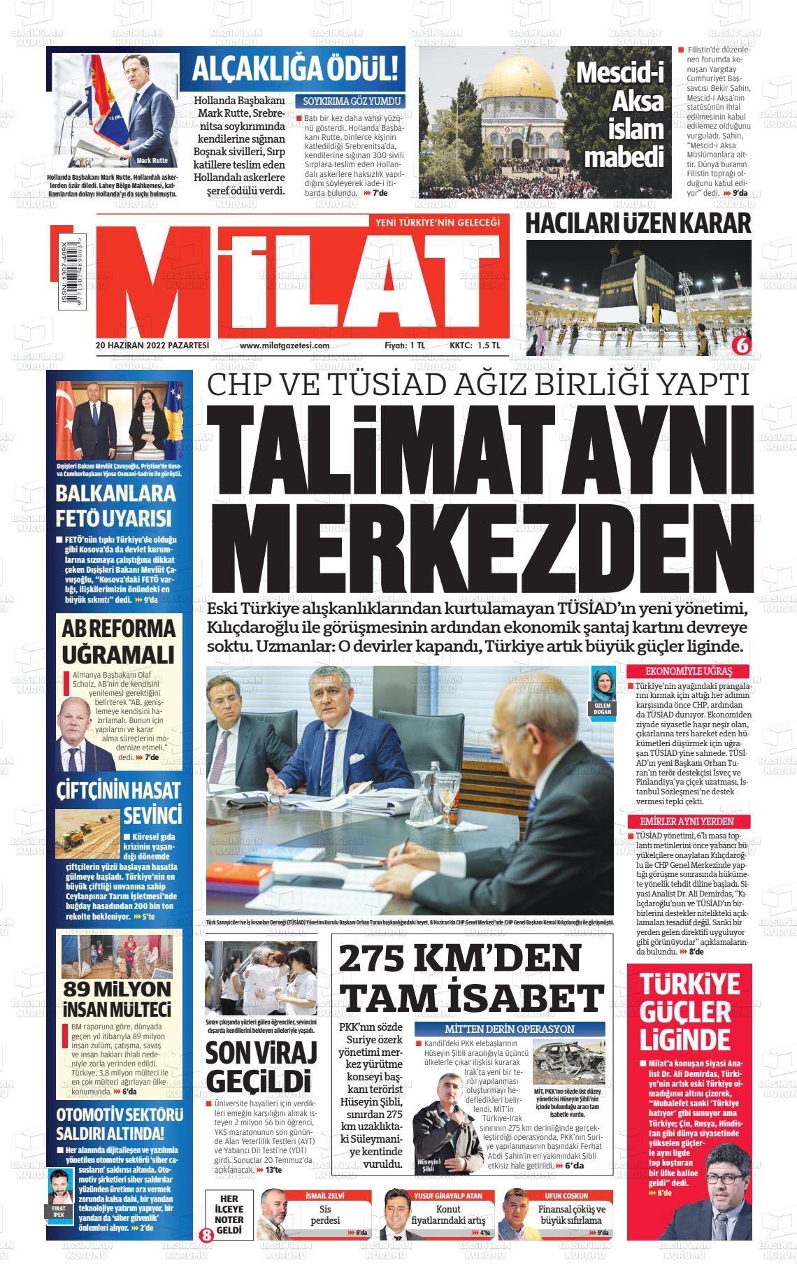 20 Haziran 2022 Milat Gazete Manşeti