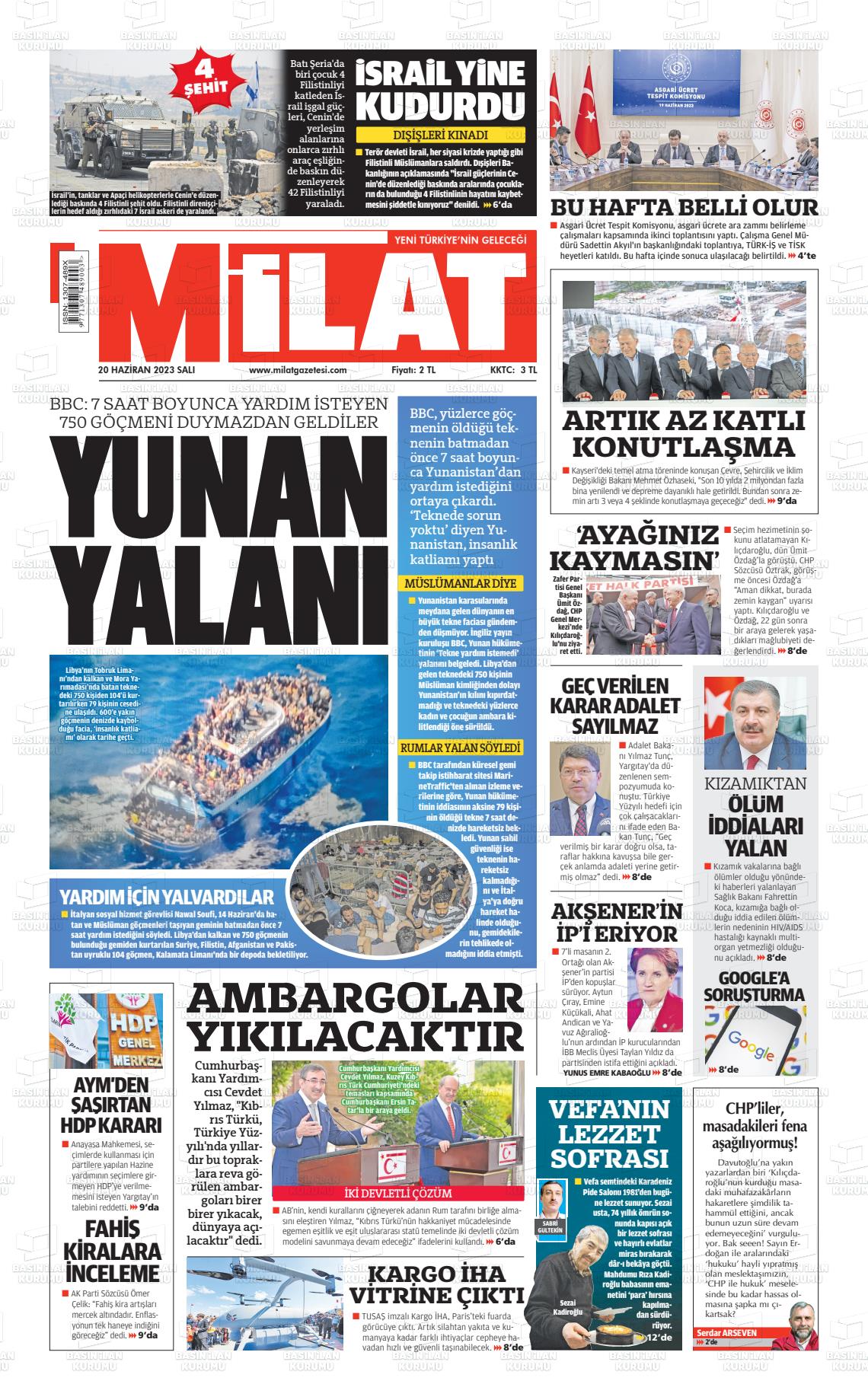 20 Haziran 2023 Milat Gazete Manşeti