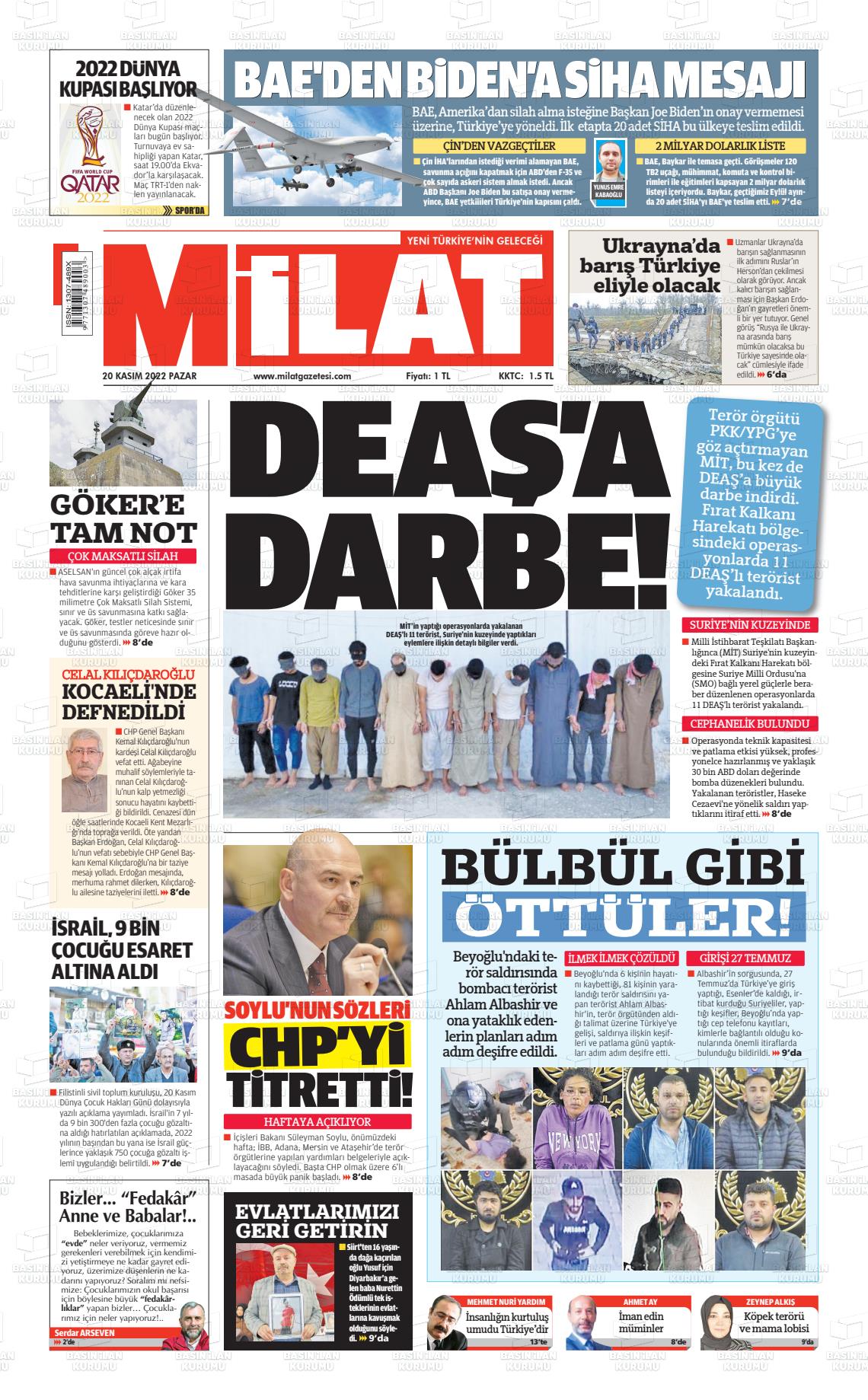 20 Kasım 2022 Milat Gazete Manşeti