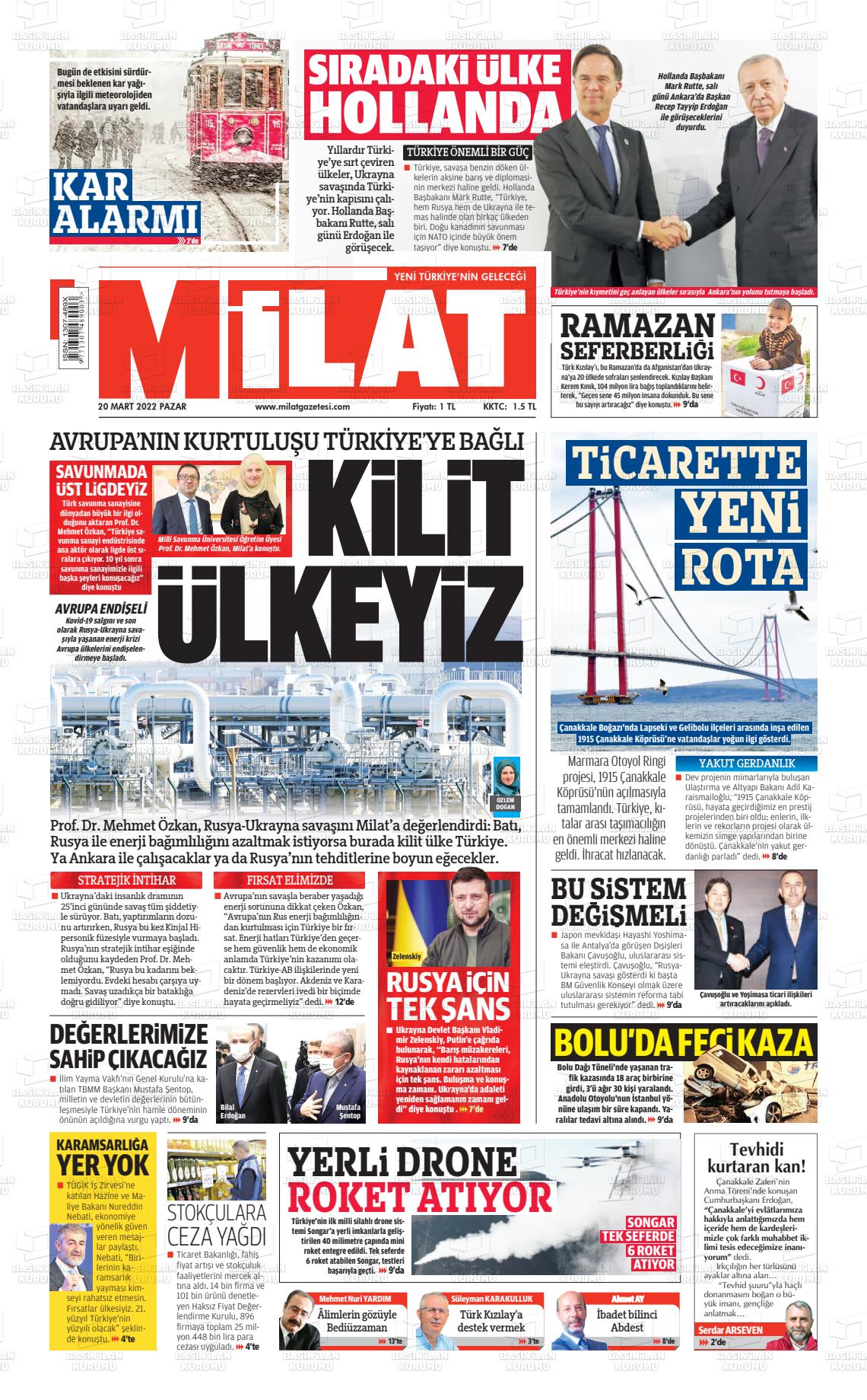 20 Mart 2022 Milat Gazete Manşeti