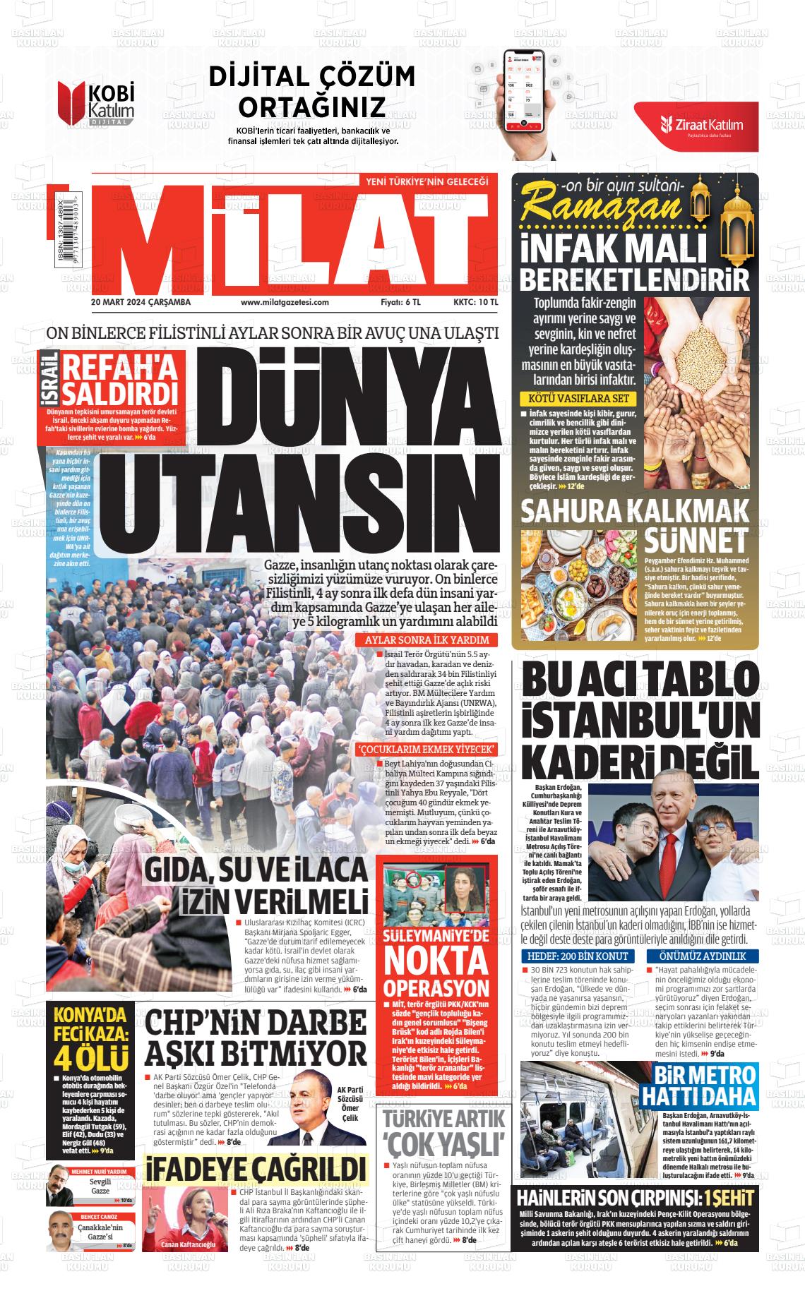 20 Mart 2024 Milat Gazete Manşeti